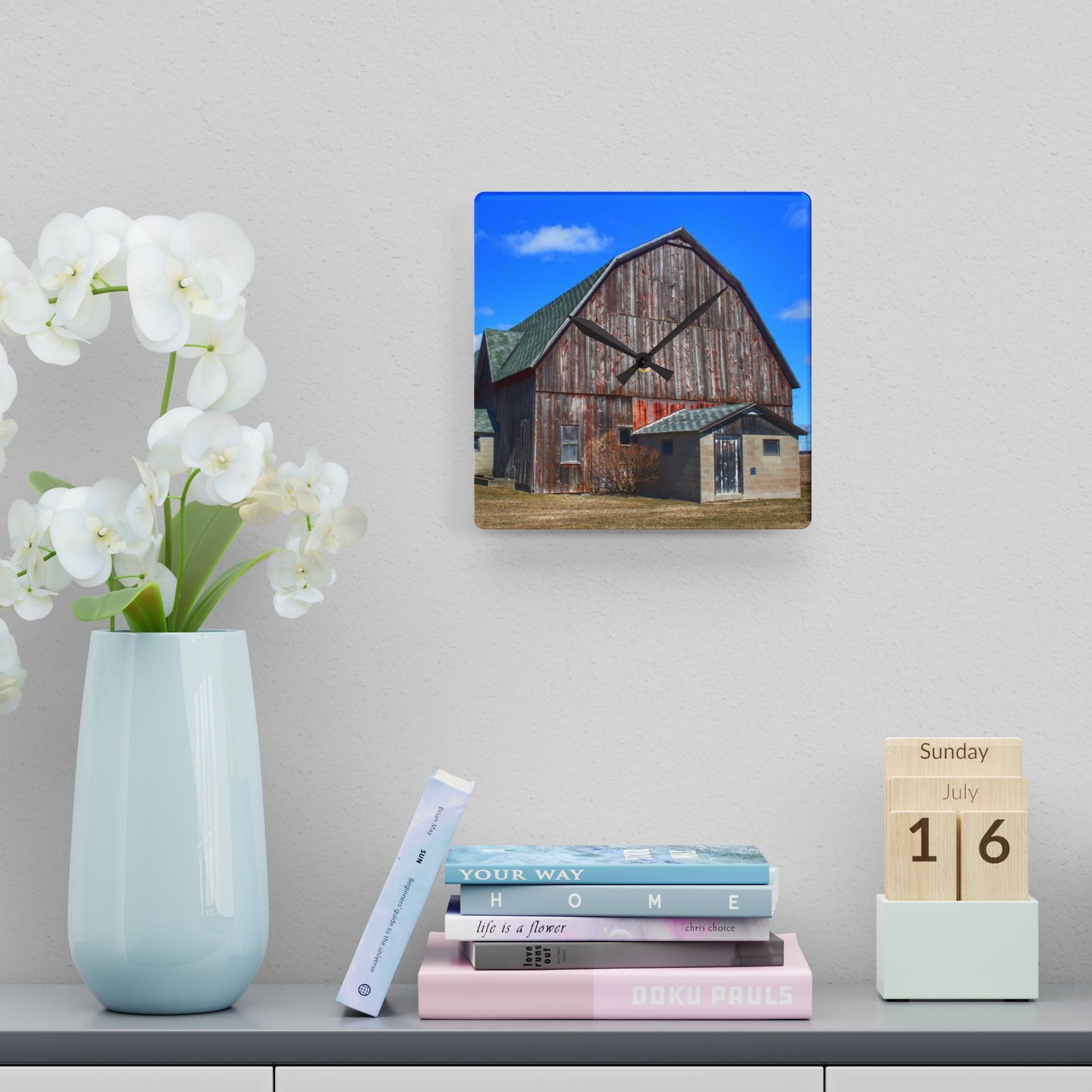 U R There Photography Roedel Road Red in Spring Rustic Farmhouse Acrylic Analog Wall Clock
