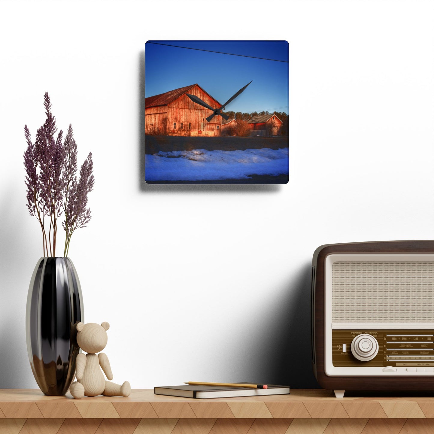 U R There Photography M-15 Reds in Winter Rustic Farmhouse Acrylic Analog Wall Clock