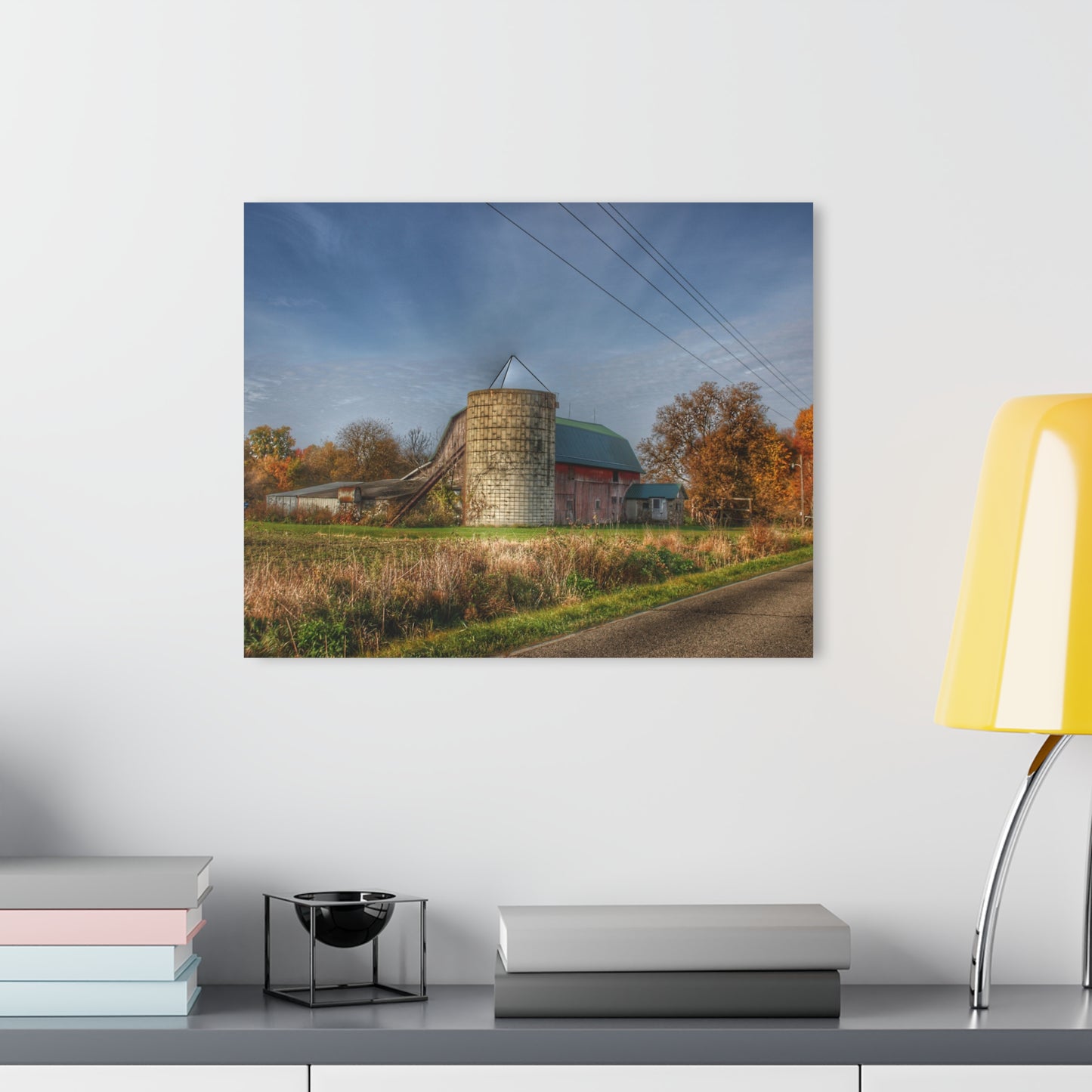 U R There Photography Plumb Creek Road Red in Fall I Rustic Farmhouse Acrylic Wall Print