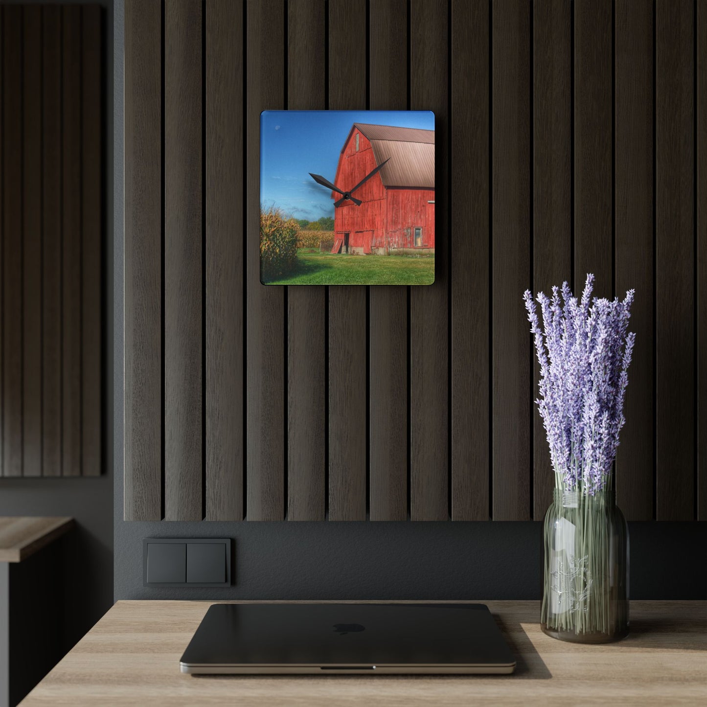 U R There Photography Fargo Road Red I Rustic Farmhouse Acrylic Analog Wall Clock