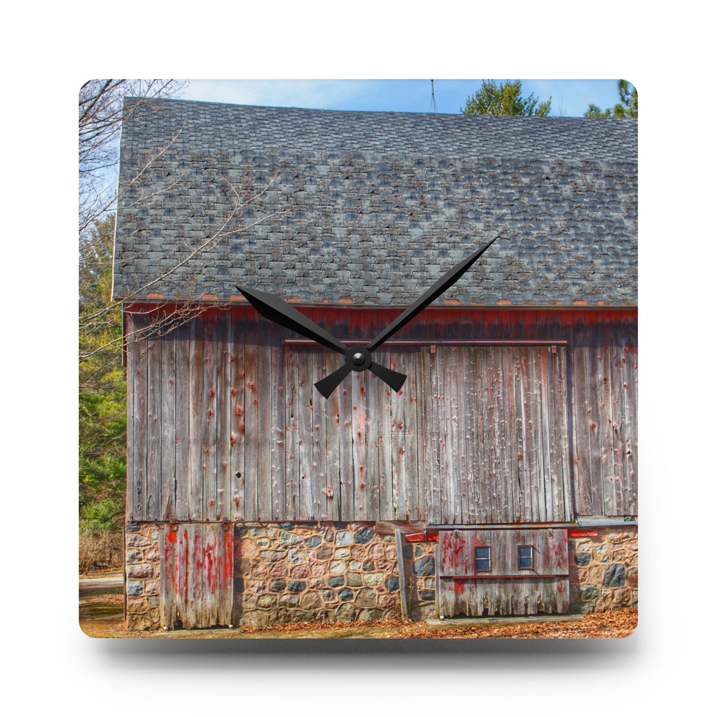 U R There Photography Leix Road Stone Red Rustic Farmhouse Acrylic Analog Wall Clock