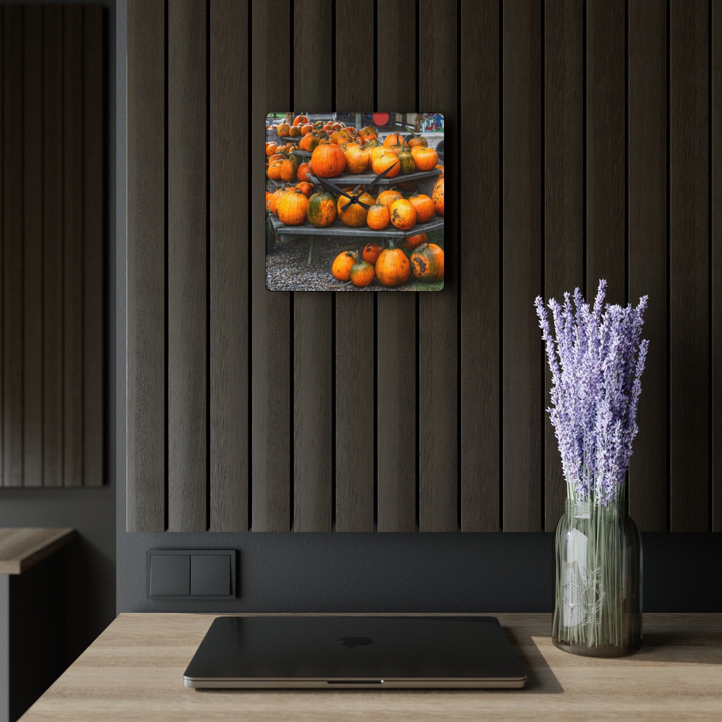 U R There Photography Tabletop Pumpkins Rustic Farmhouse Acrylic Analog Wall Clock