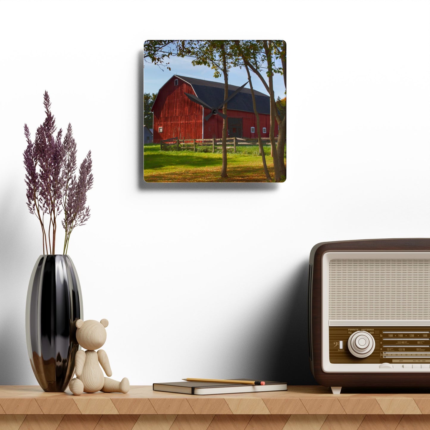 U R There Photography Hough Road Red I Rustic Farmhouse Acrylic Analog Wall Clock