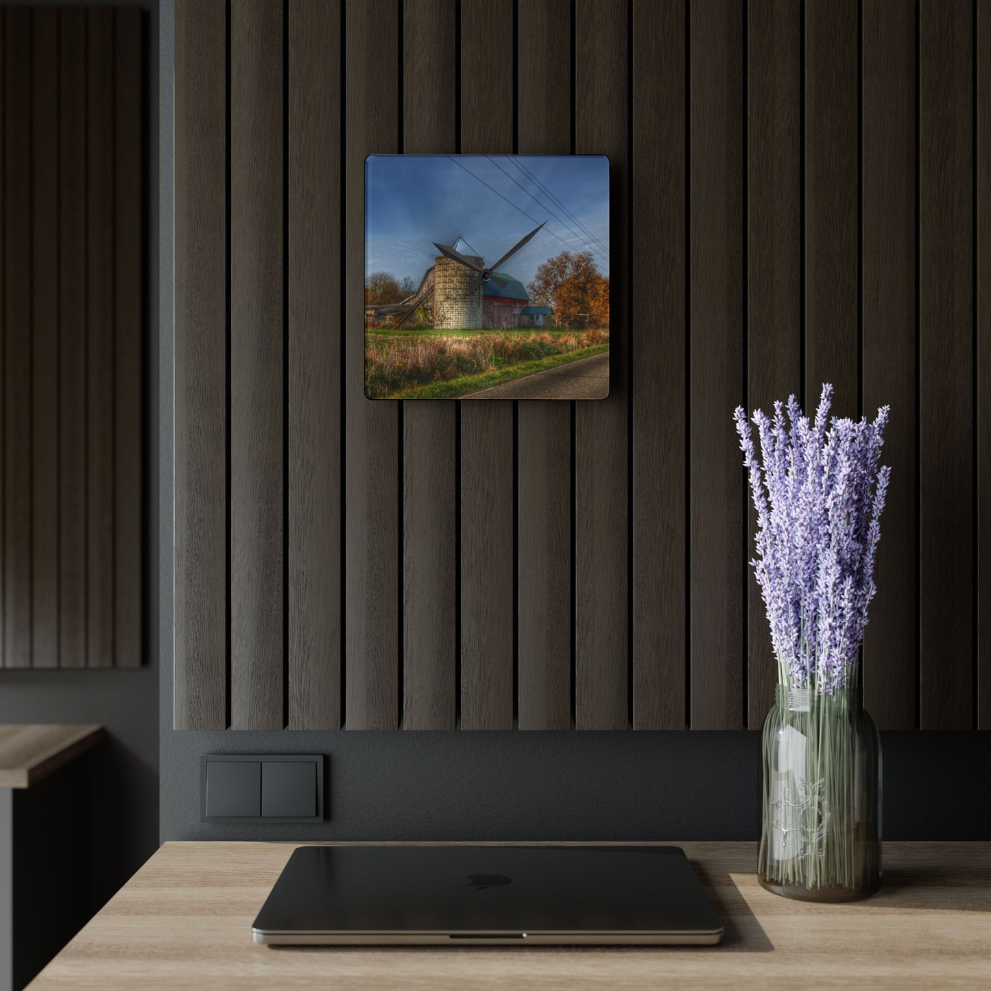 U R There Photography Plumb Creek Road Red in Fall I Rustic Farmhouse Acrylic Analog Wall Clock