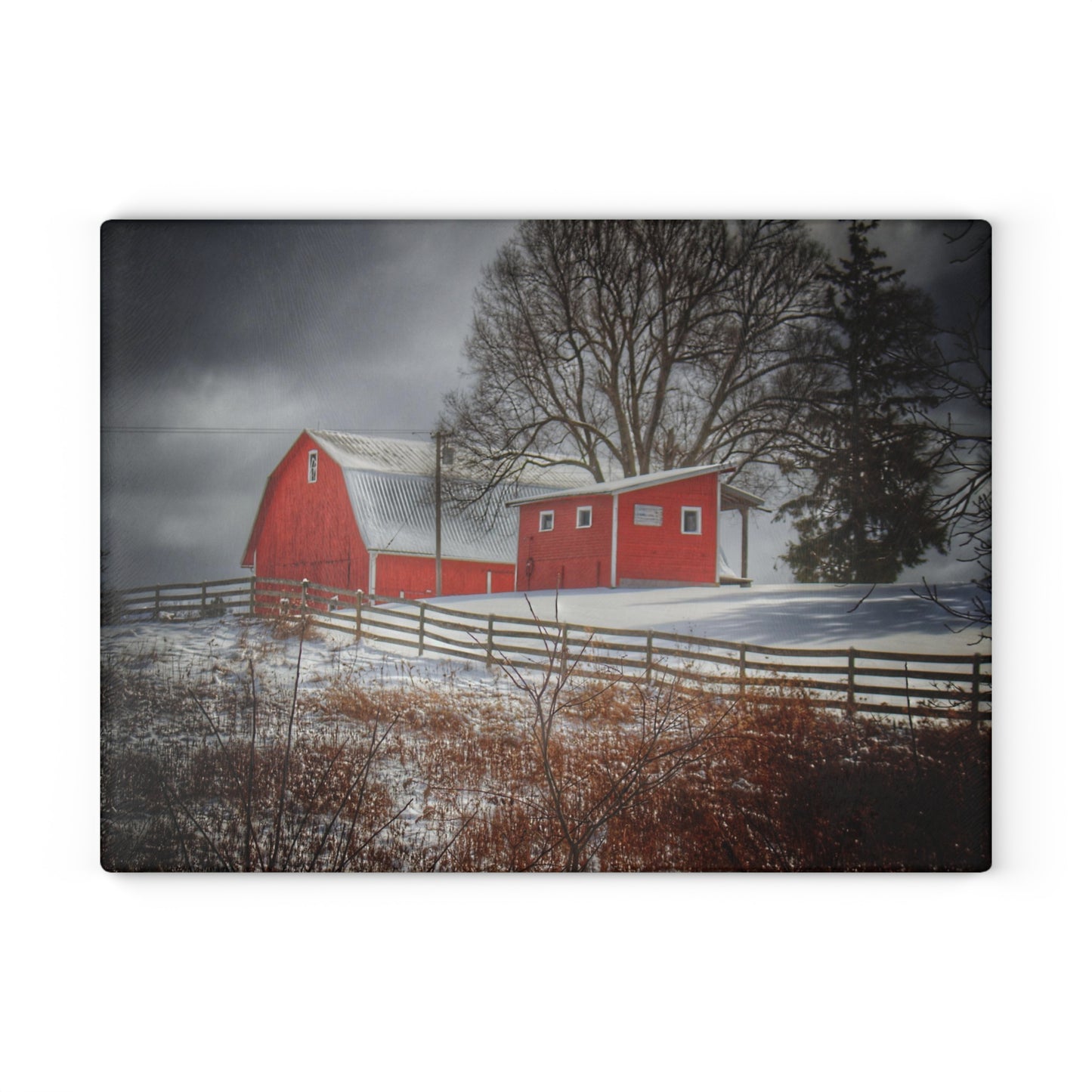 U R There Photography Catlin Red and Fence I Rustic Farmhouse Tempered-Glass Cutting Board