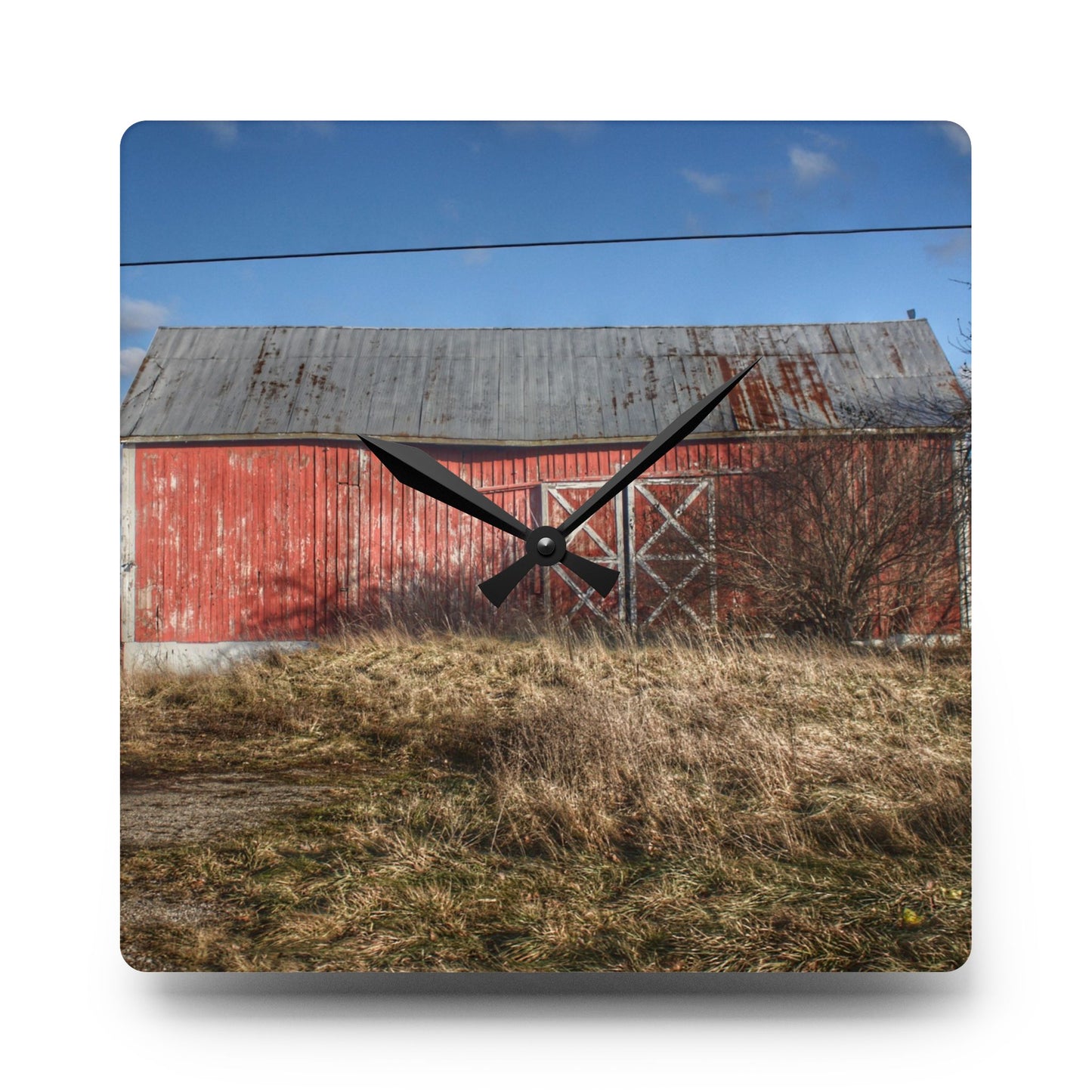 U R There Photography Lapeer Road Crooked Red Rustic Farmhouse Acrylic Analog Wall Clock