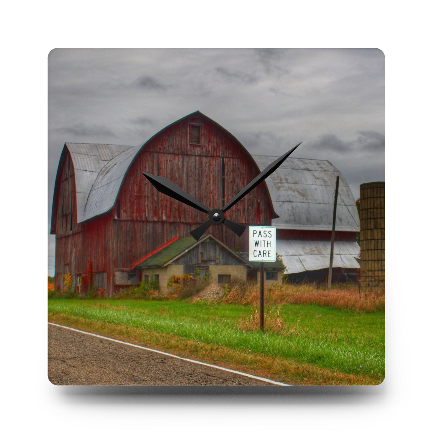 U R There Photography Valentine Road Red II Rustic Farmhouse Acrylic Analog Wall Clock