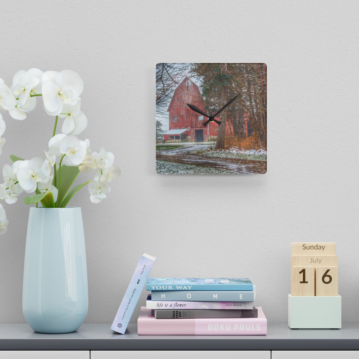 U R There Photography Tubspring Road Hidden Winter Red Rustic Farmhouse Acrylic Analog Wall Clock