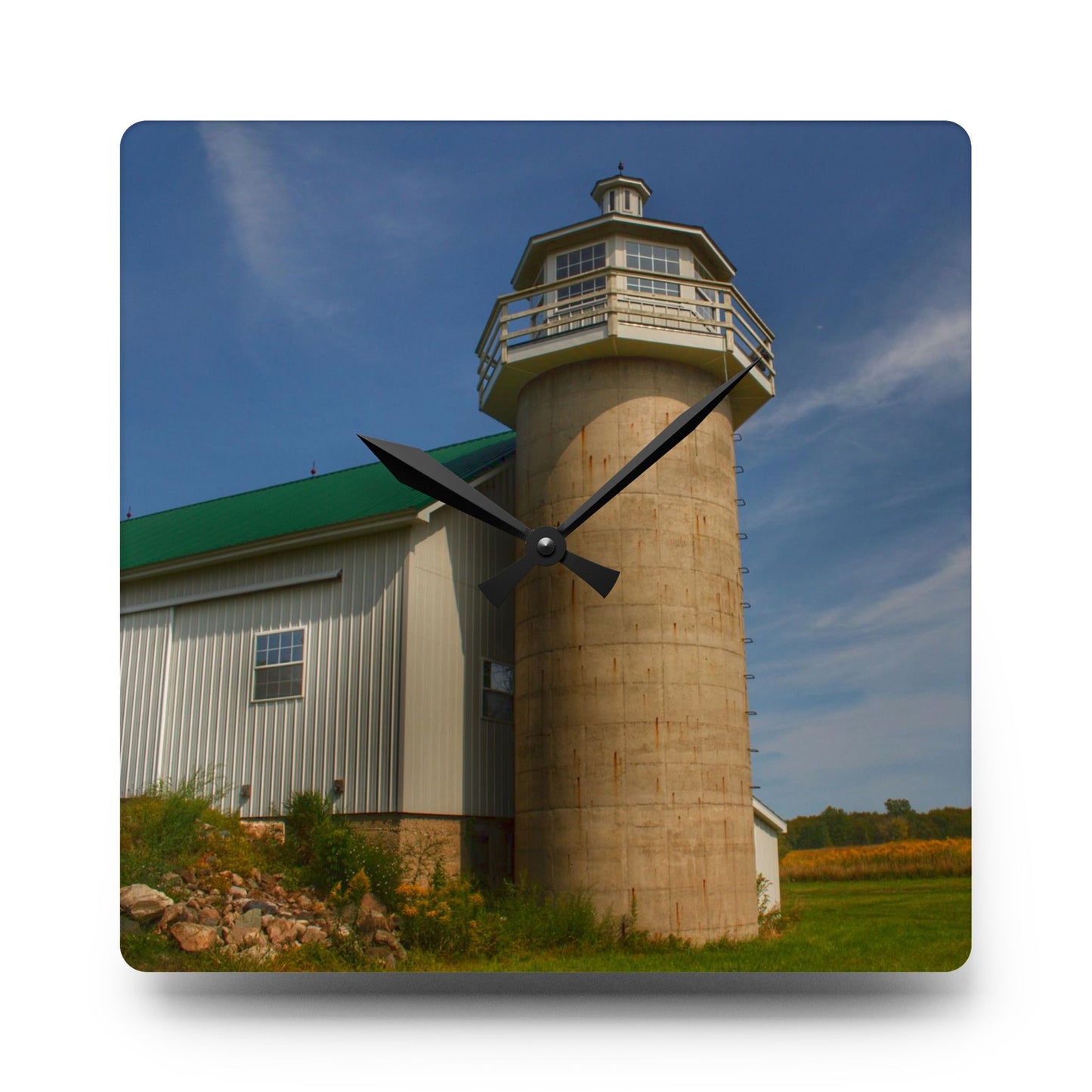 U R There Photography Phelps Road Lighthouse Barn II Rustic Farmhouse Acrylic Analog Wall Clock
