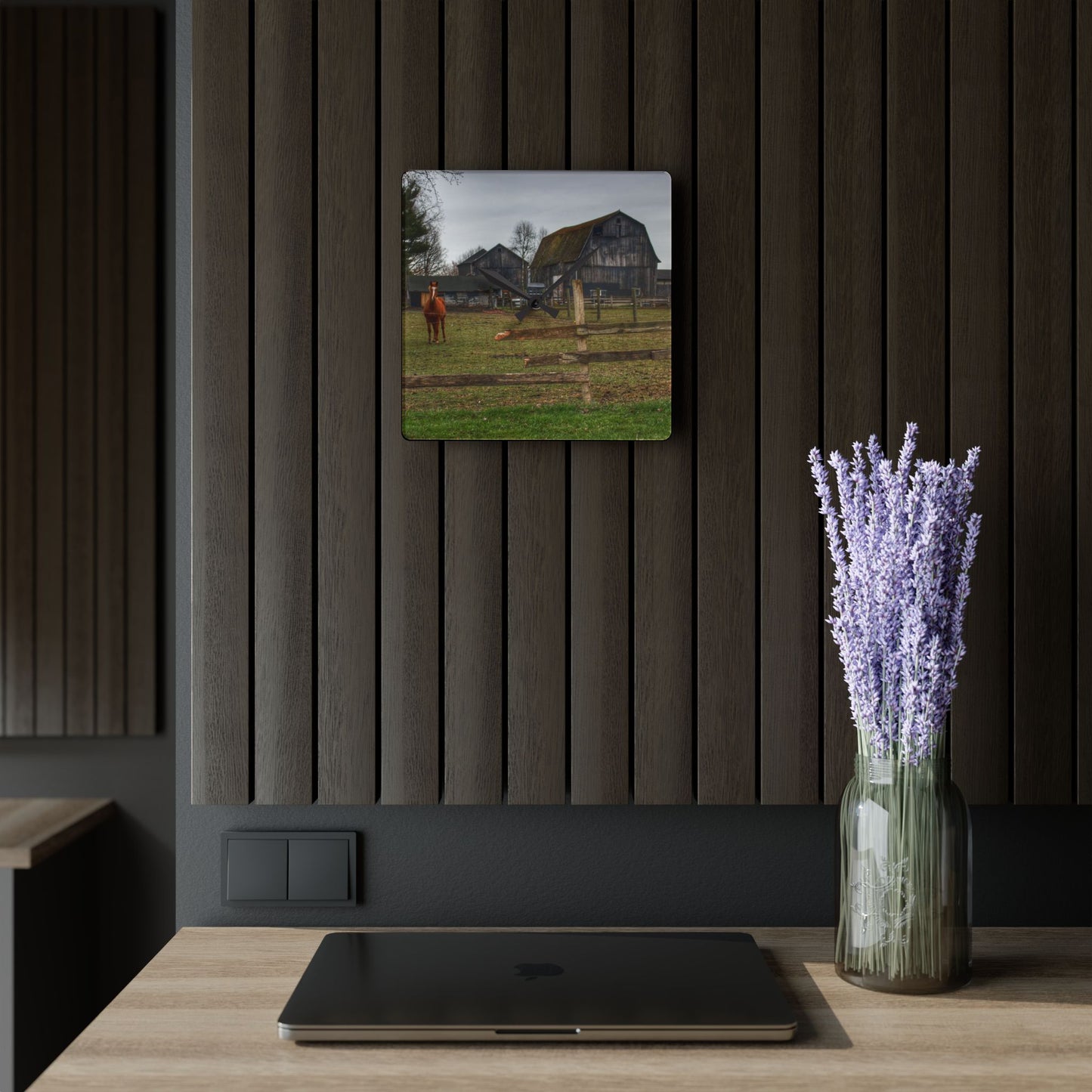 U R There Photography South Summers Road Old Grey and Caramel II Rustic Farmhouse Acrylic Analog Wall Clock
