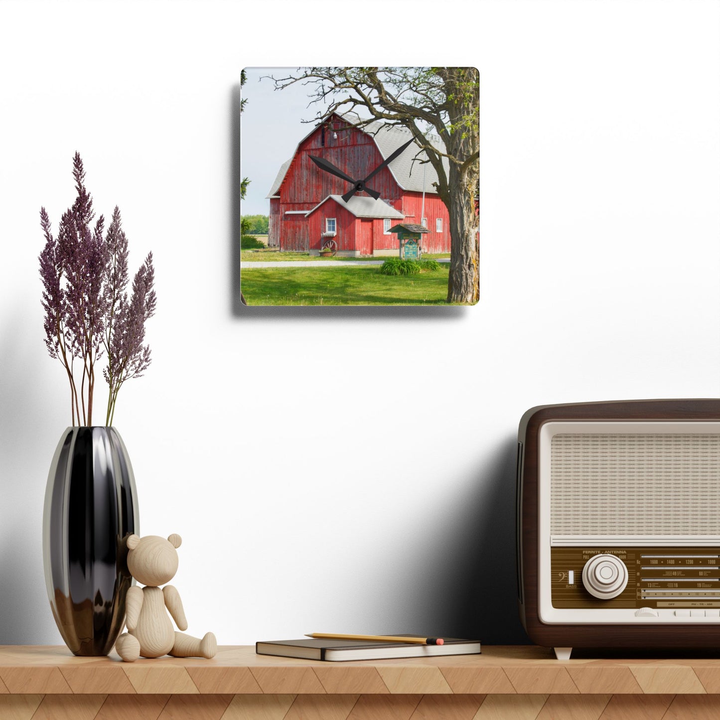 U R There Photography French Road Centennial Reds I Rustic Farmhouse Acrylic Analog Wall Clock
