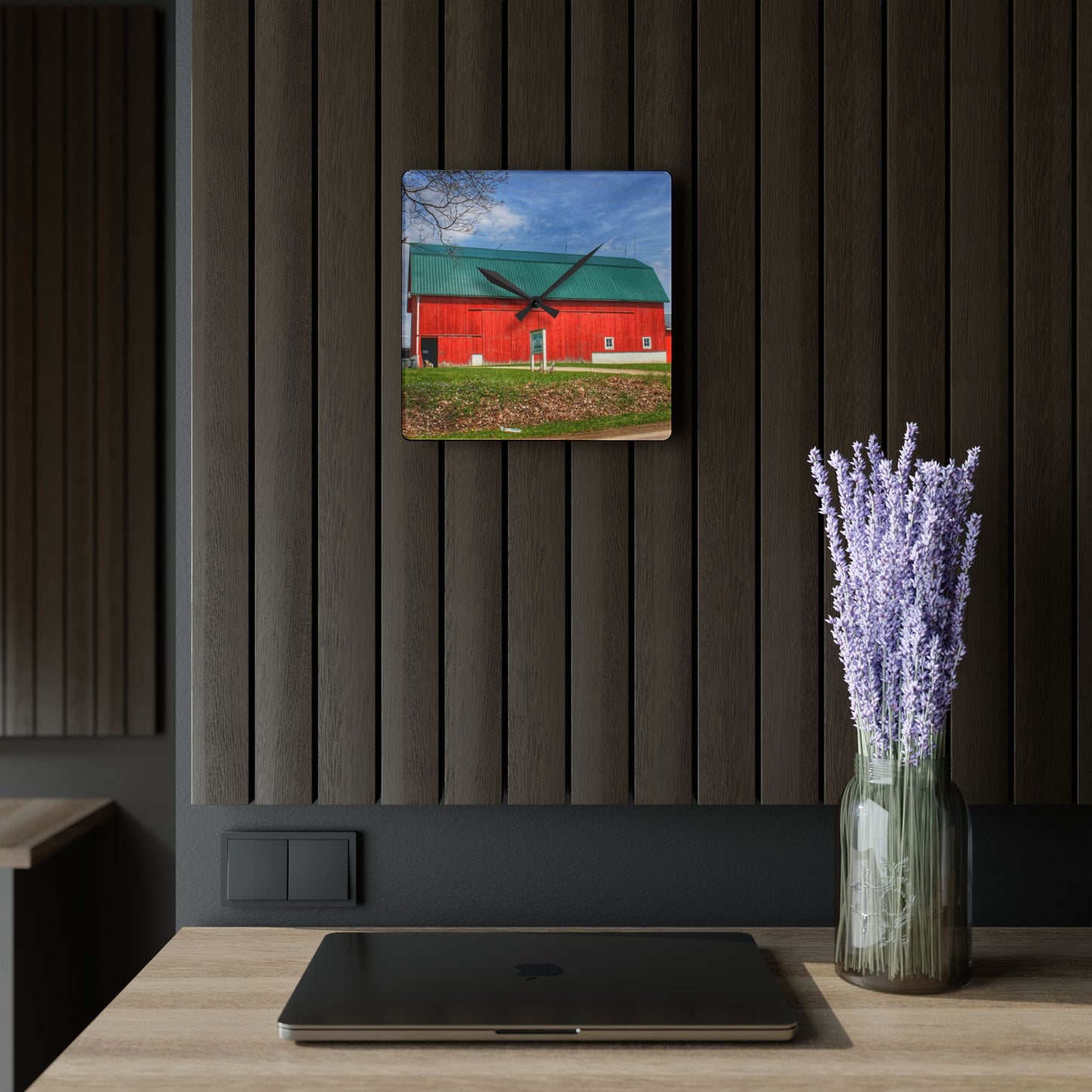 U R There Photography Coldwater Road Red II Rustic Farmhouse Acrylic Analog Wall Clock