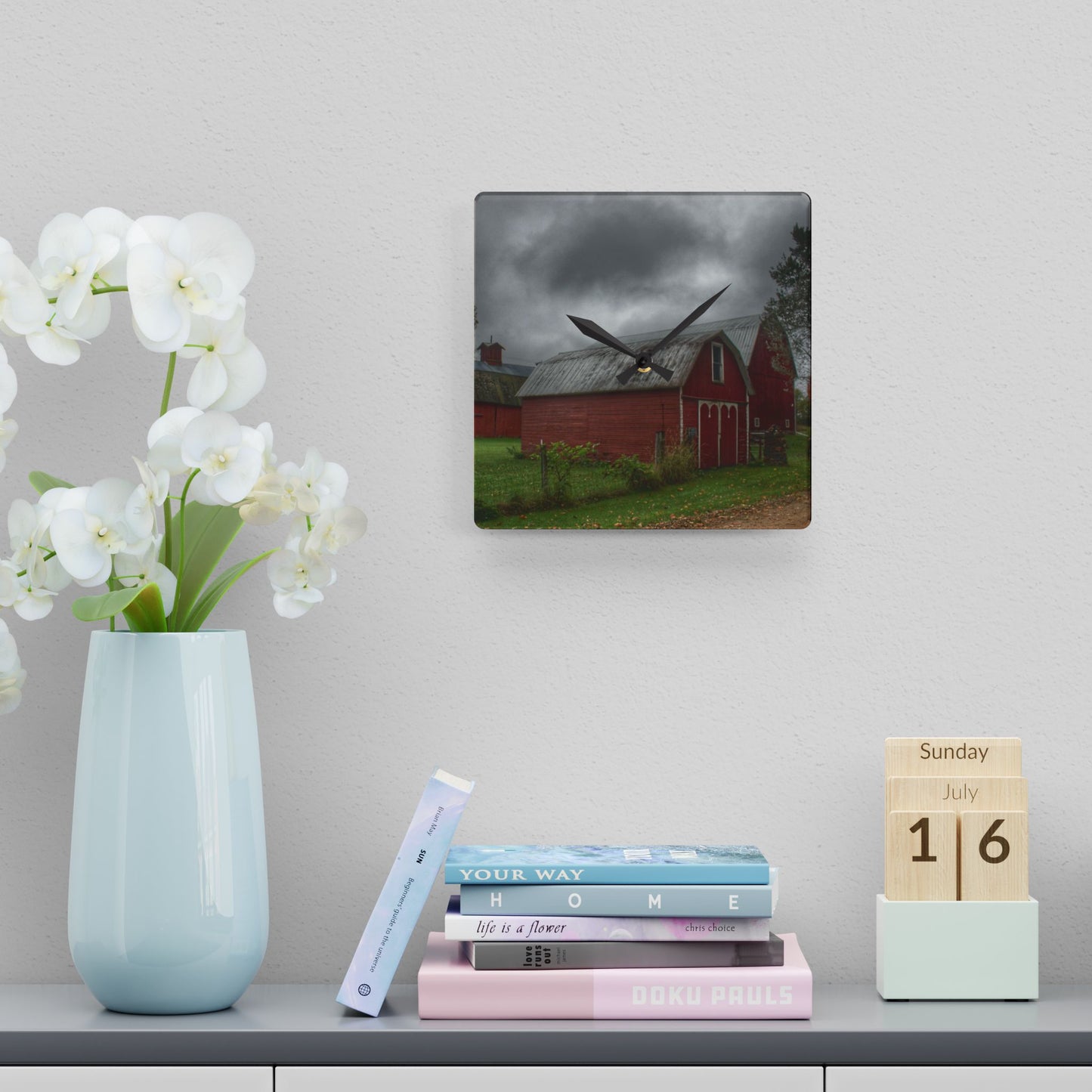 U R There Photography Cramton Road Reds II Rustic Farmhouse Acrylic Analog Wall Clock
