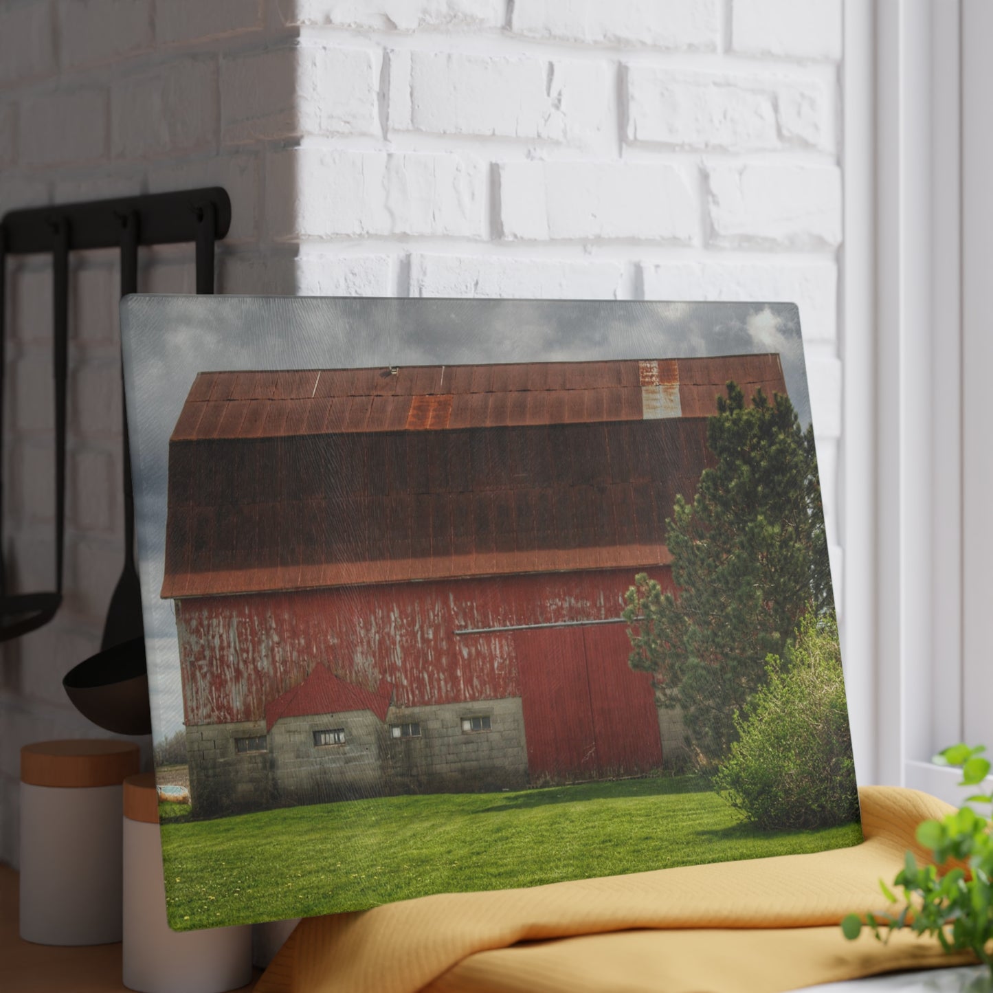 U R There Photography Big Red I Rustic Farmhouse Tempered-Glass Cutting Board