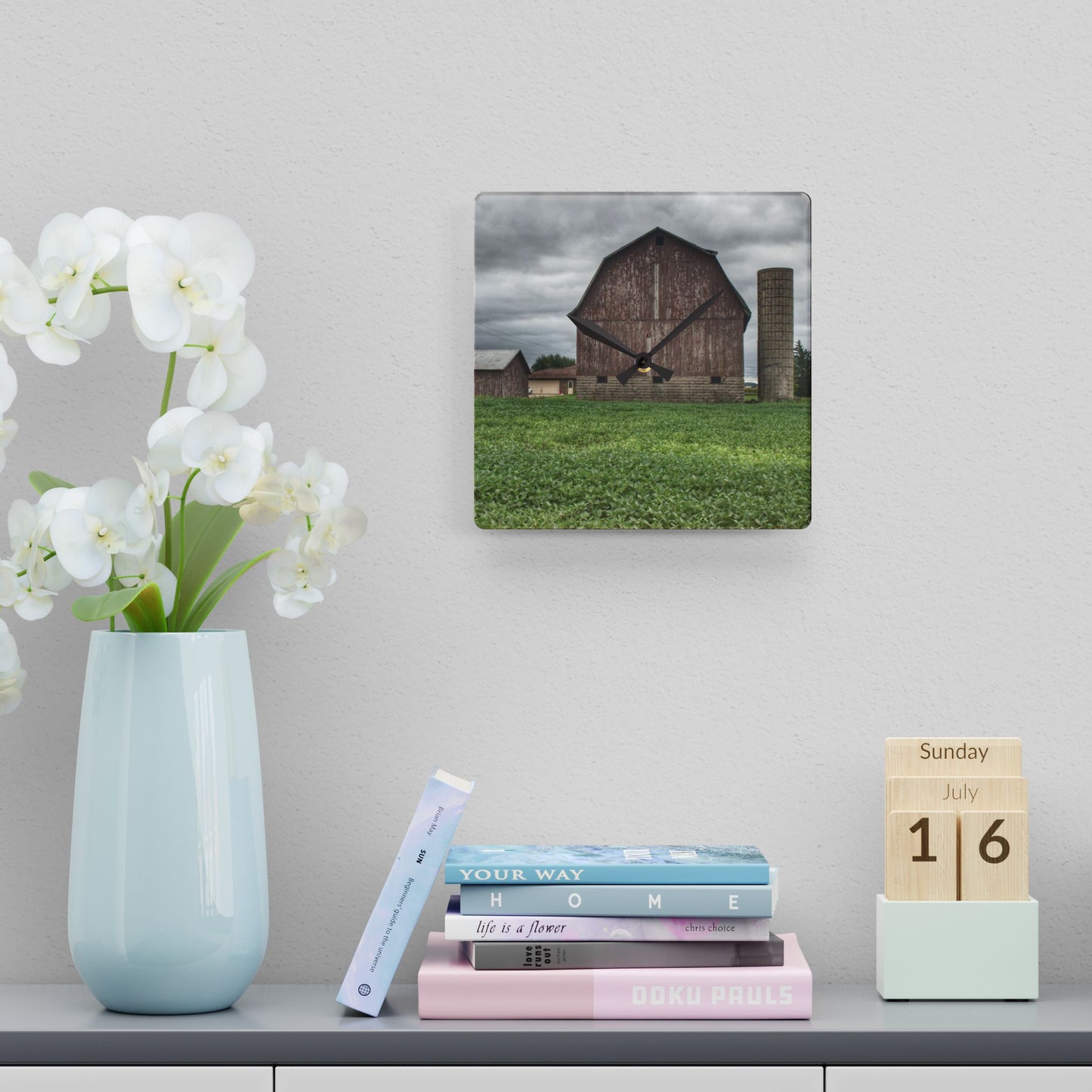 U R There Photography Van Geisen Road Grey Rustic Farmhouse Acrylic Analog Wall Clock
