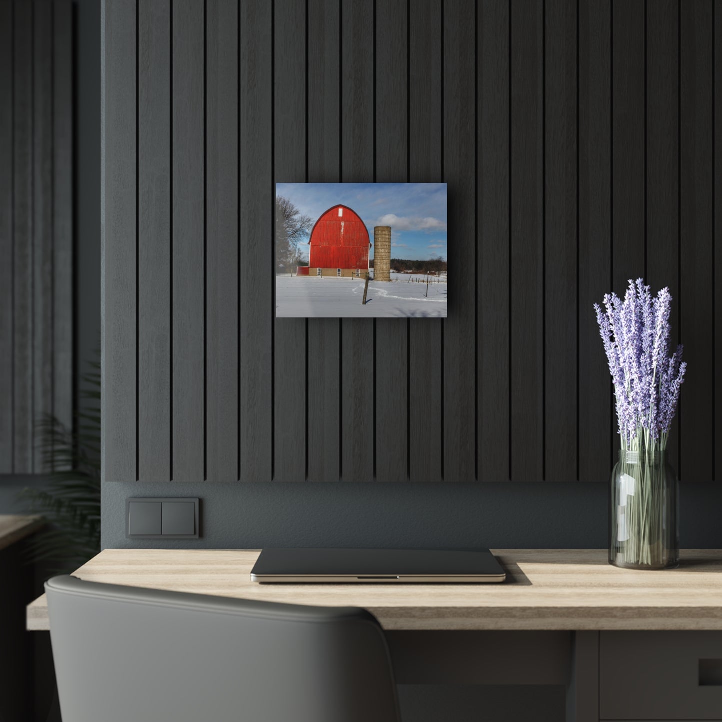 U R There Photography Barnes Road Winter Red Rustic Farmhouse Acrylic Wall Print