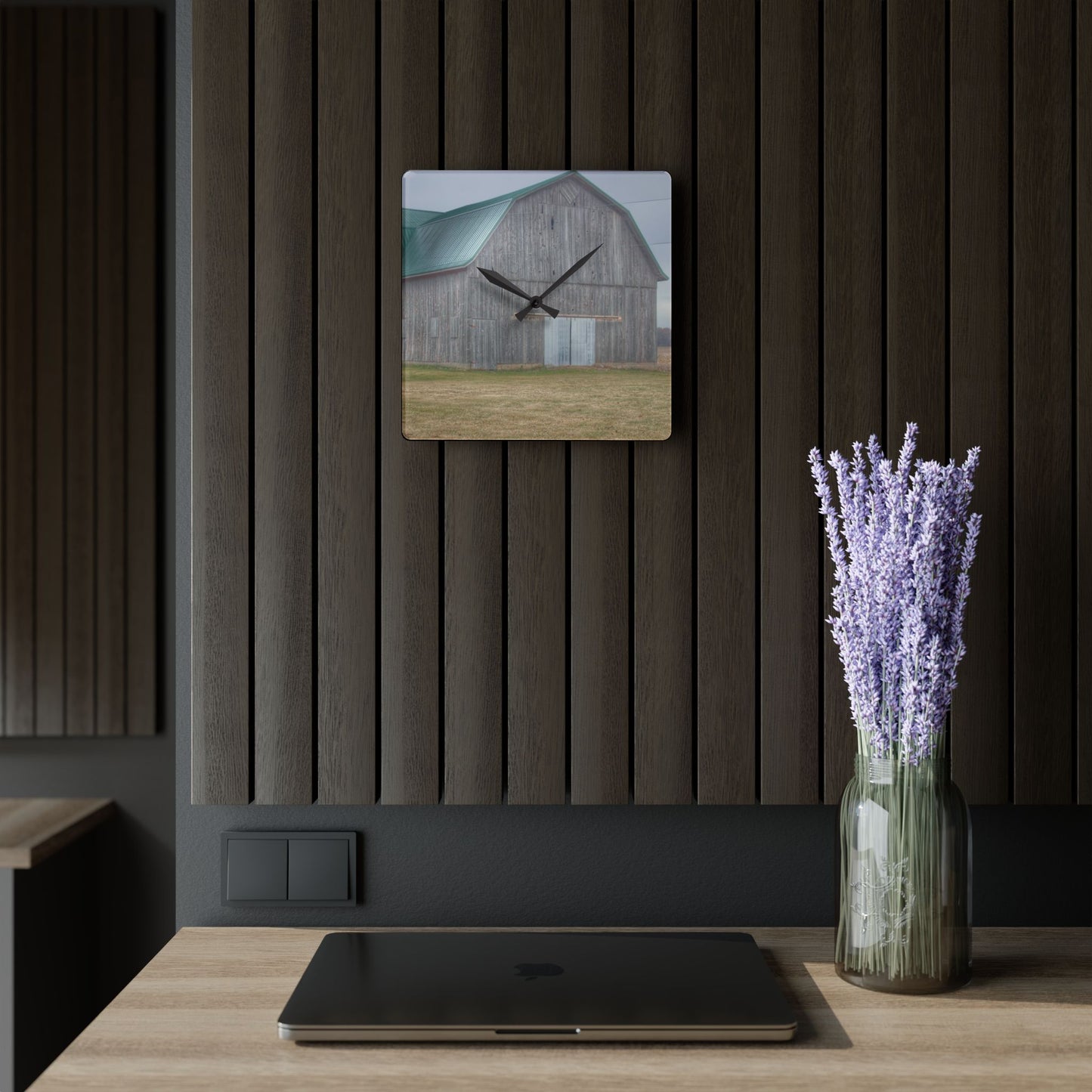 U R There Photography Forest Road Grey Rustic Farmhouse Acrylic Analog Wall Clock