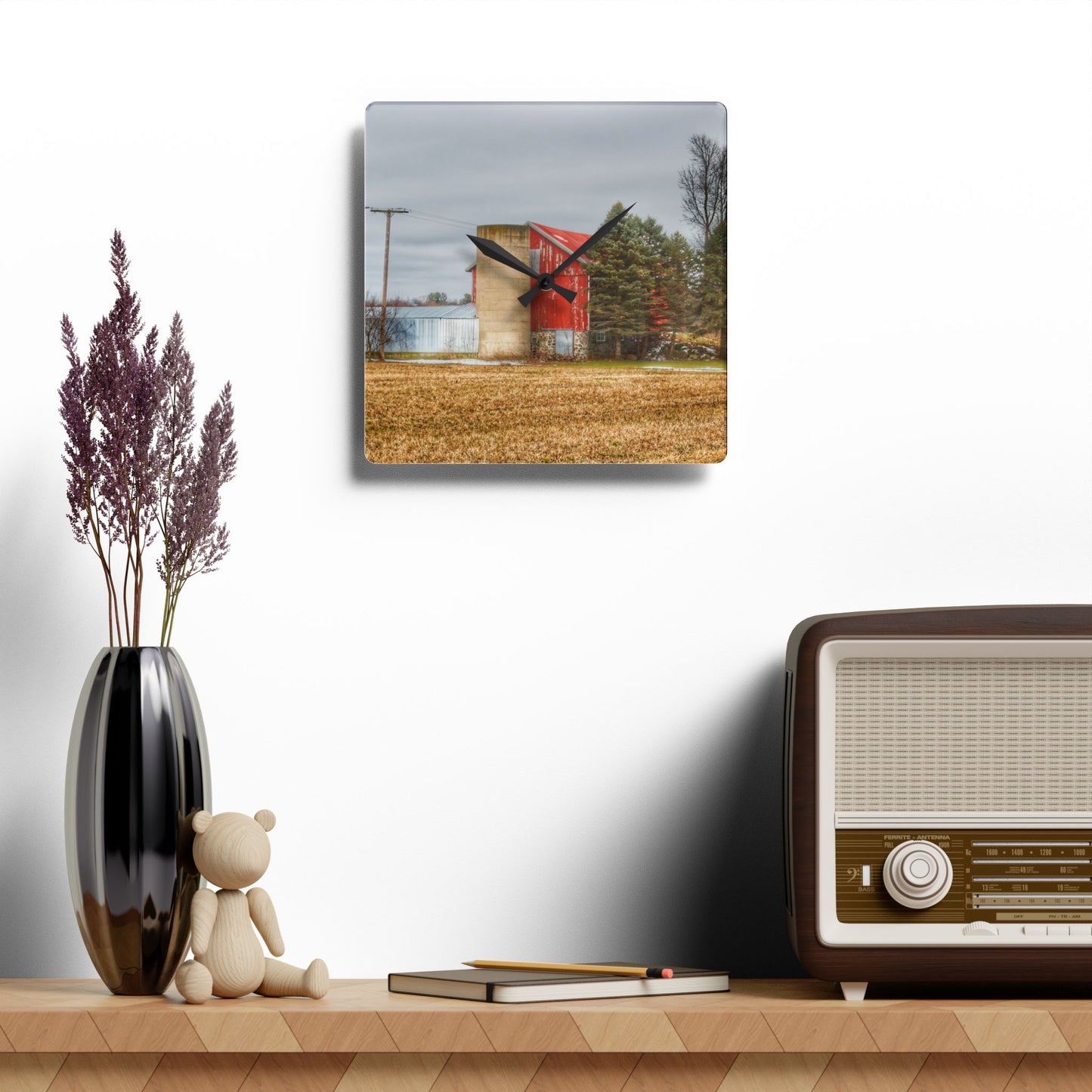 U R There Photography Laur Road Red Among the Pines I Rustic Farmhouse Acrylic Analog Wall Clock