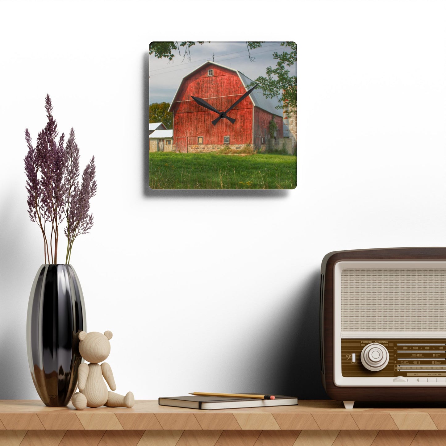 U R There Photography Crawford Road Red I Rustic Farmhouse Acrylic Analog Wall Clock