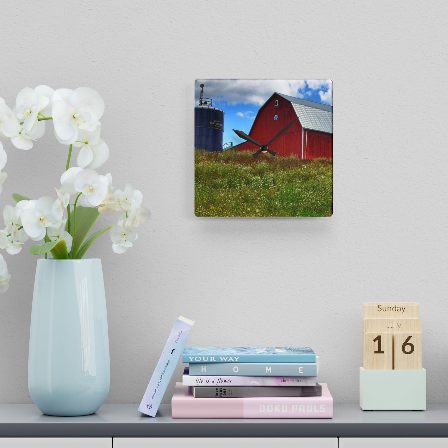 U R There Photography South Henderson Road Hilltop Red III Rustic Farmhouse Acrylic Analog Wall Clock