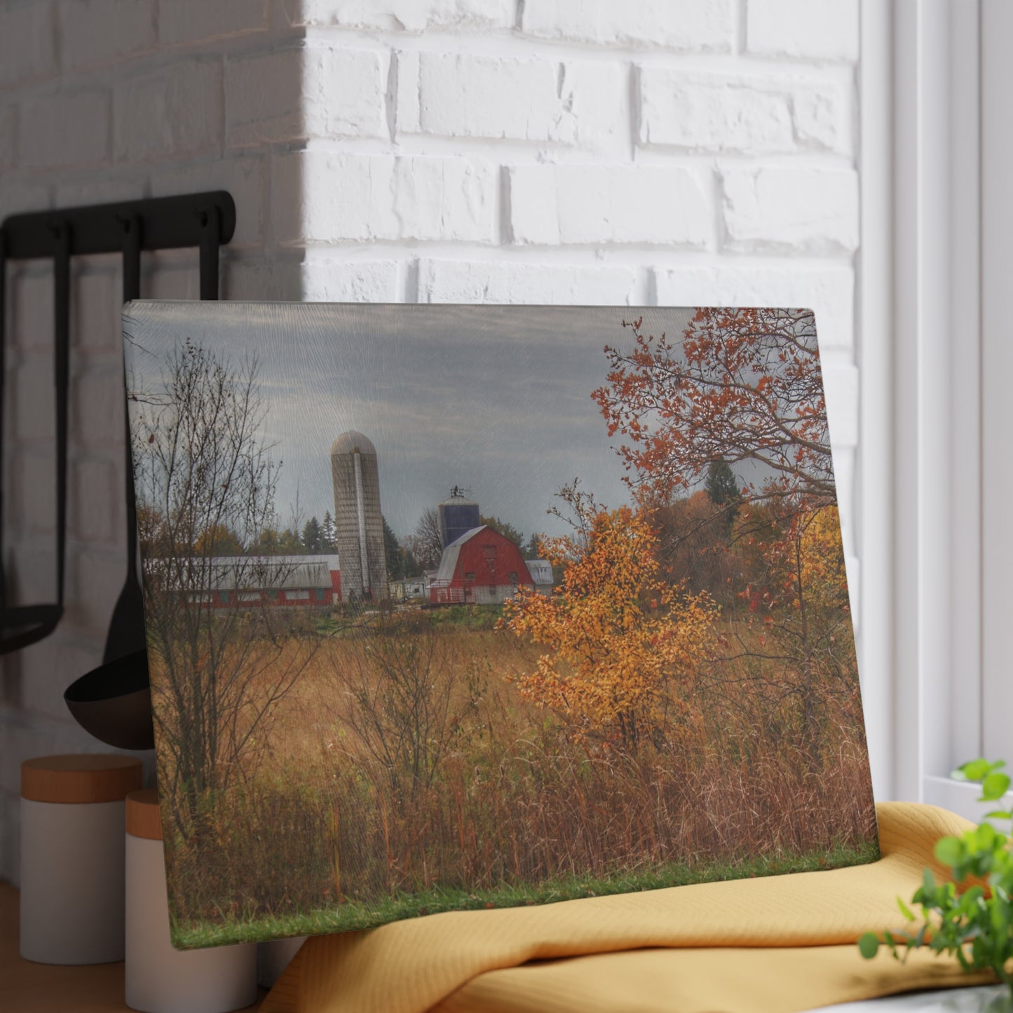 U R There Photography Vienna Road Red and Silo Rustic Farmhouse Tempered-Glass Cutting Board