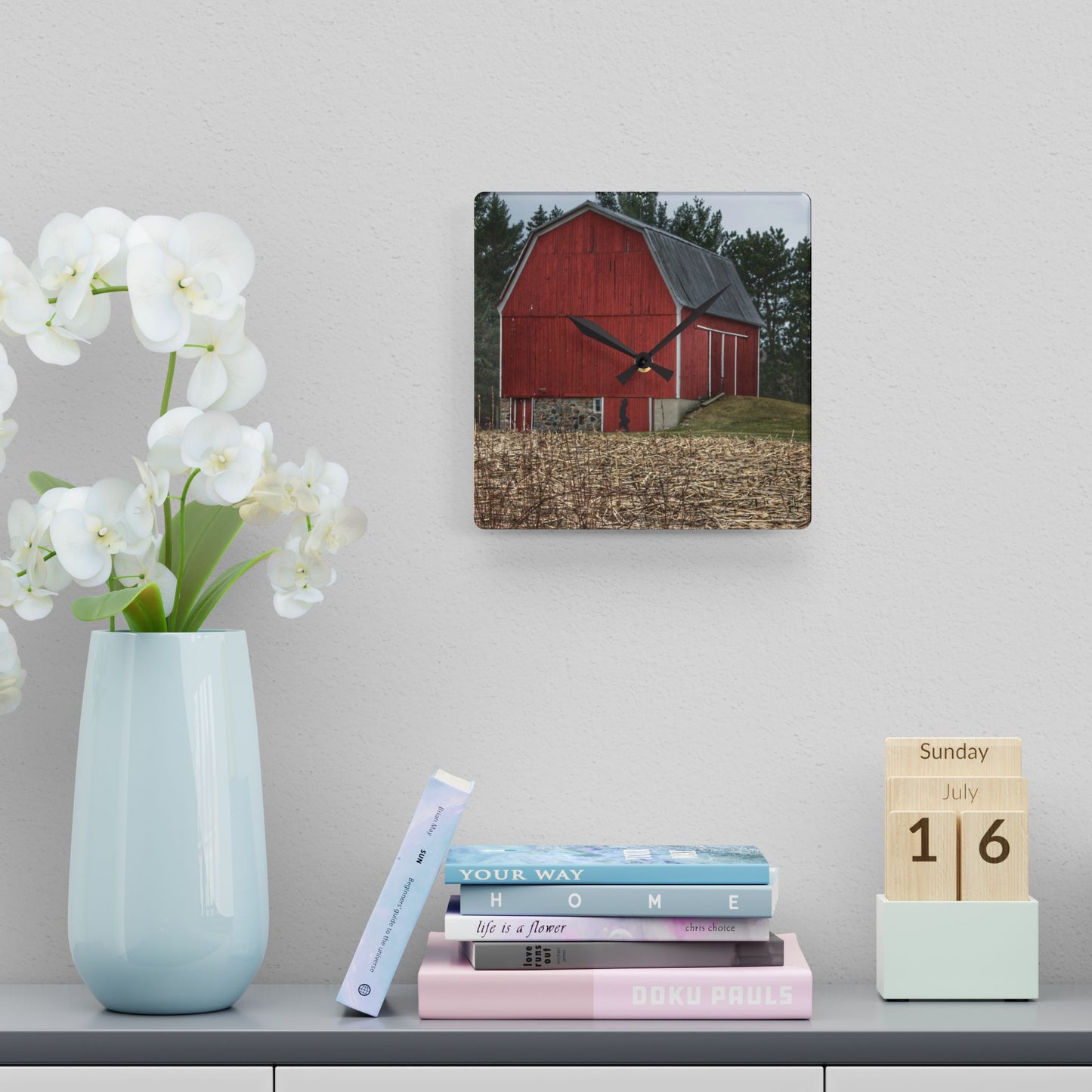 U R There Photography Fostoria Road Standing Man Red Rustic Farmhouse Acrylic Analog Wall Clock