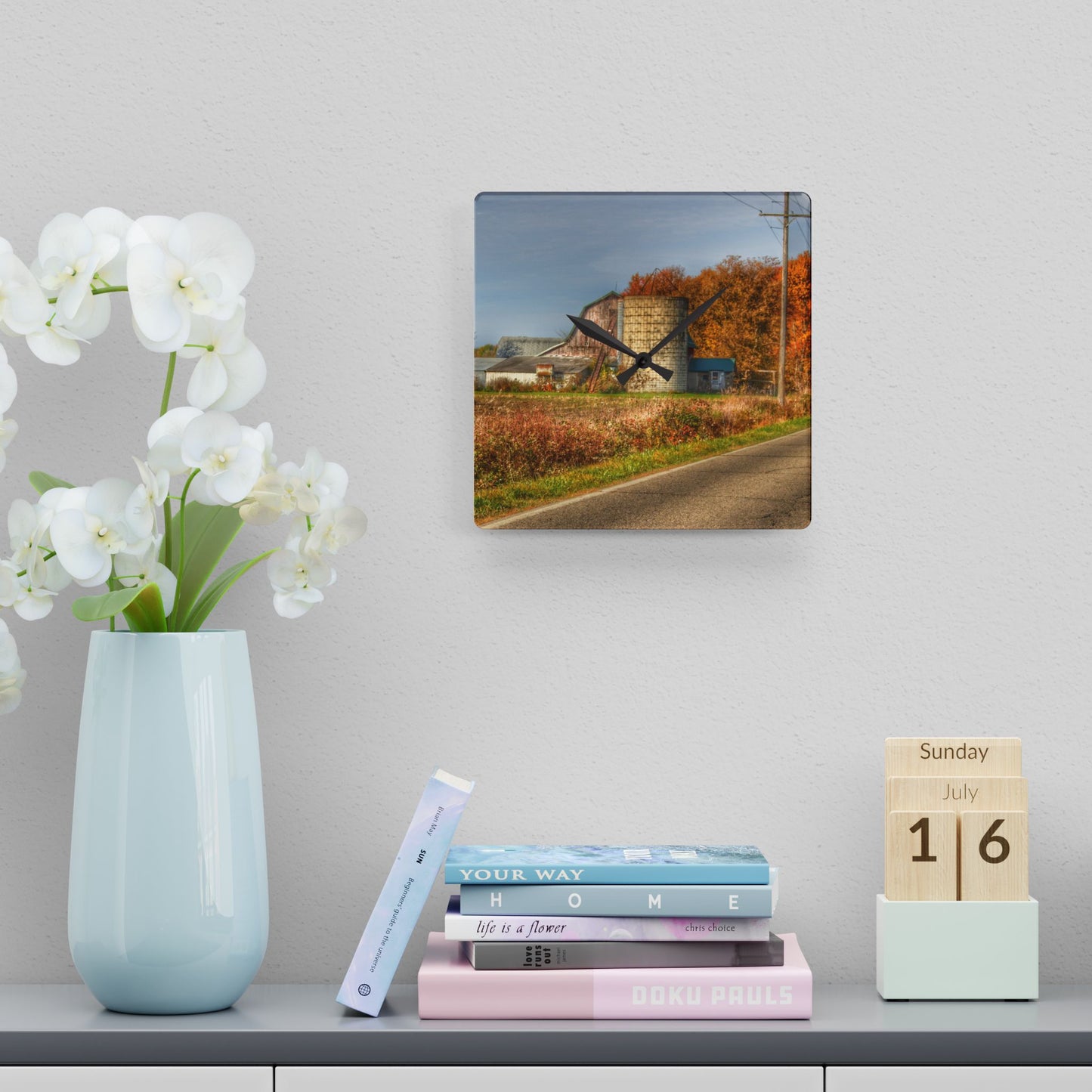 U R There Photography Plumb Creek Road Red in Fall II Rustic Farmhouse Acrylic Analog Wall Clock