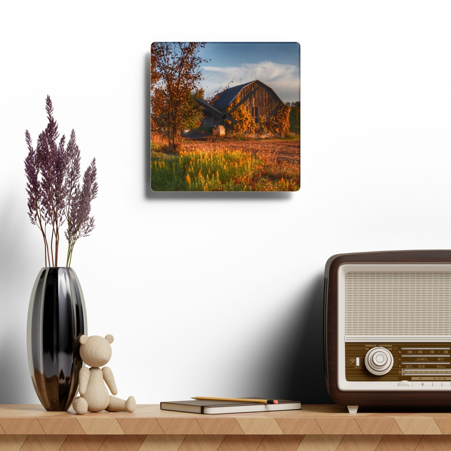U R There Photography Lake Pleasant Road Grey Rustic Farmhouse Acrylic Analog Wall Clock