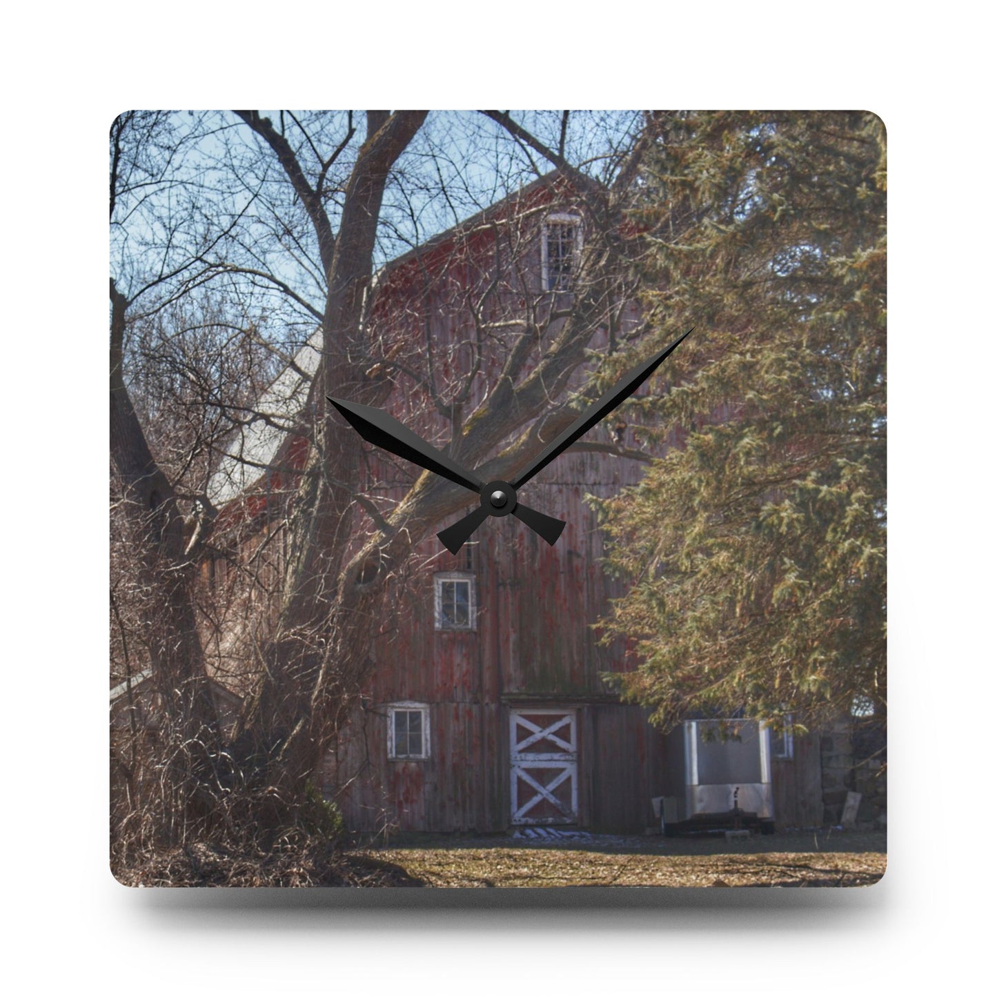 U R There Photography Lakeville Road Hidden Red Rustic Farmhouse Acrylic Analog Wall Clock