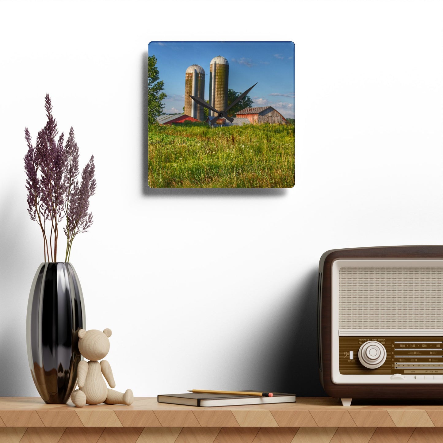 U R There Photography Morrish Road Silos II Rustic Farmhouse Acrylic Analog Wall Clock
