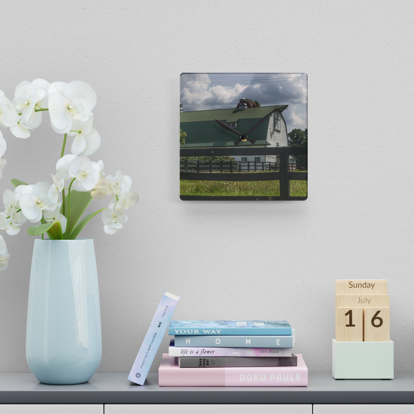 U R There Photography Clark Road White I Rustic Farmhouse Acrylic Analog Wall Clock