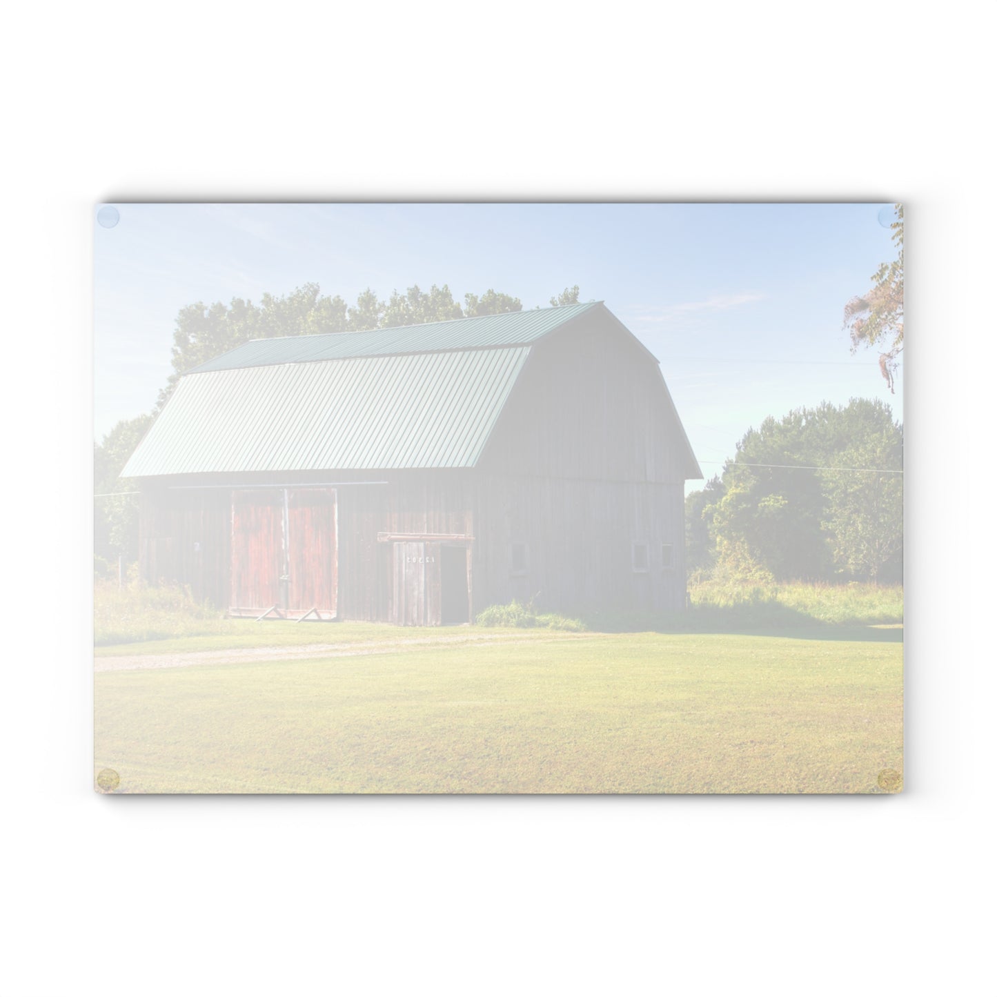 U R There Photography Red Door Barn of Mount Morris Road Rustic Farmhouse Tempered-Glass Cutting Board