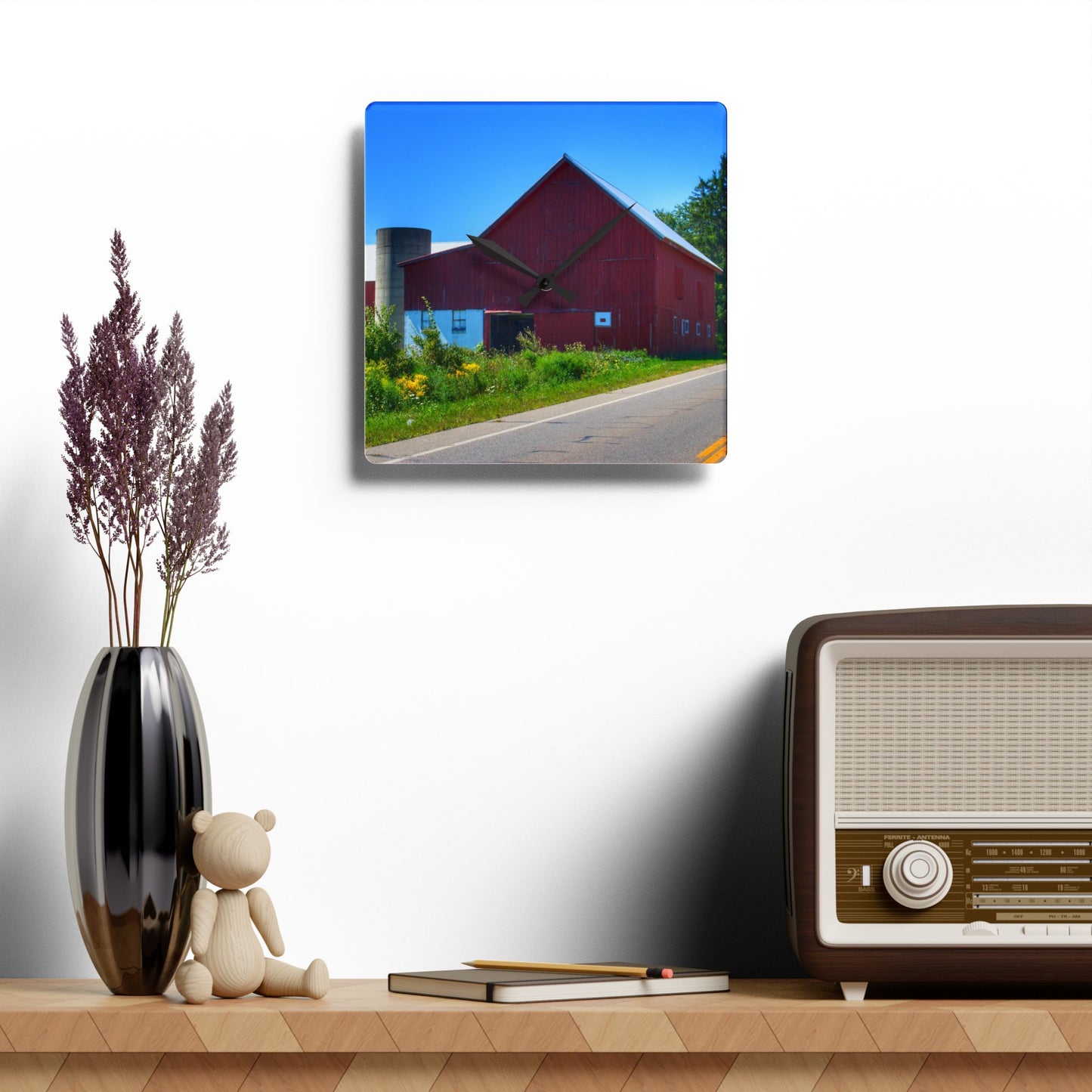 U R There Photography Dryden Road Red Rustic Farmhouse Acrylic Analog Wall Clock