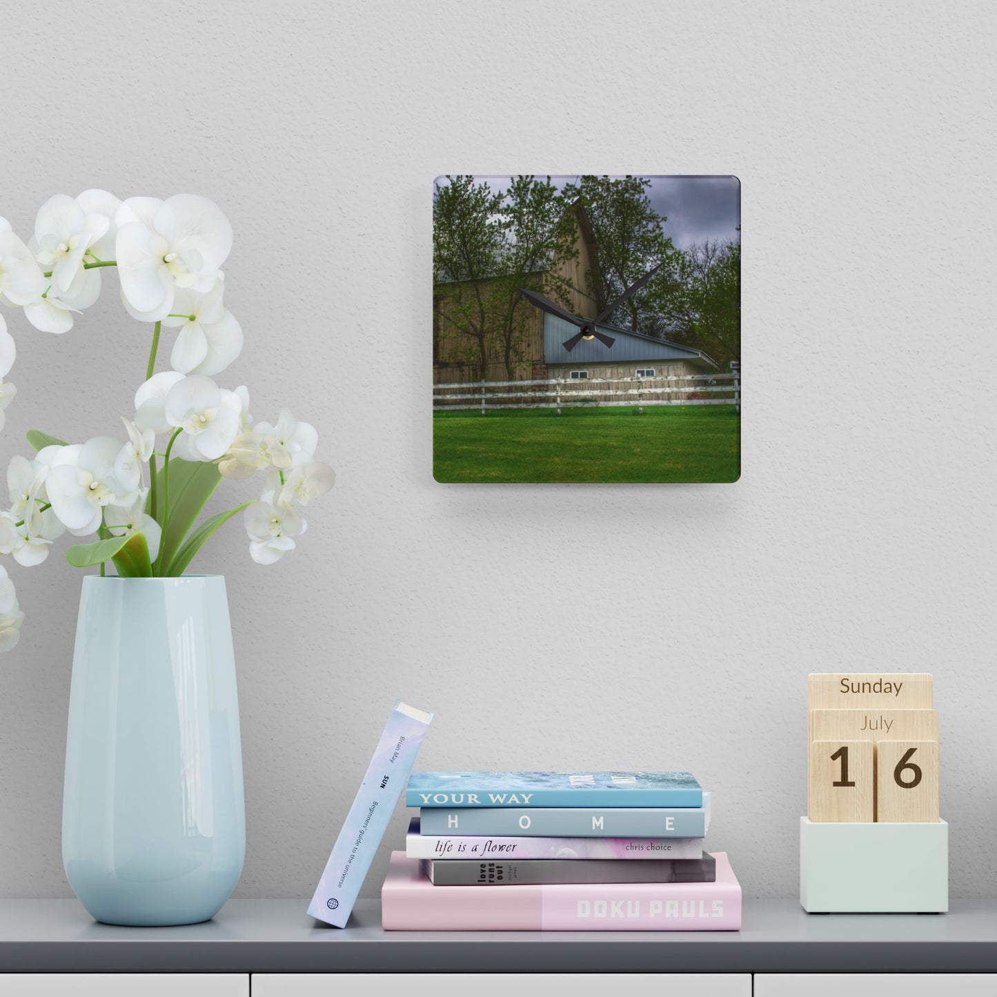 U R There Photography Grange Hall Road Whitewash Grey Rustic Farmhouse Acrylic Analog Wall Clock