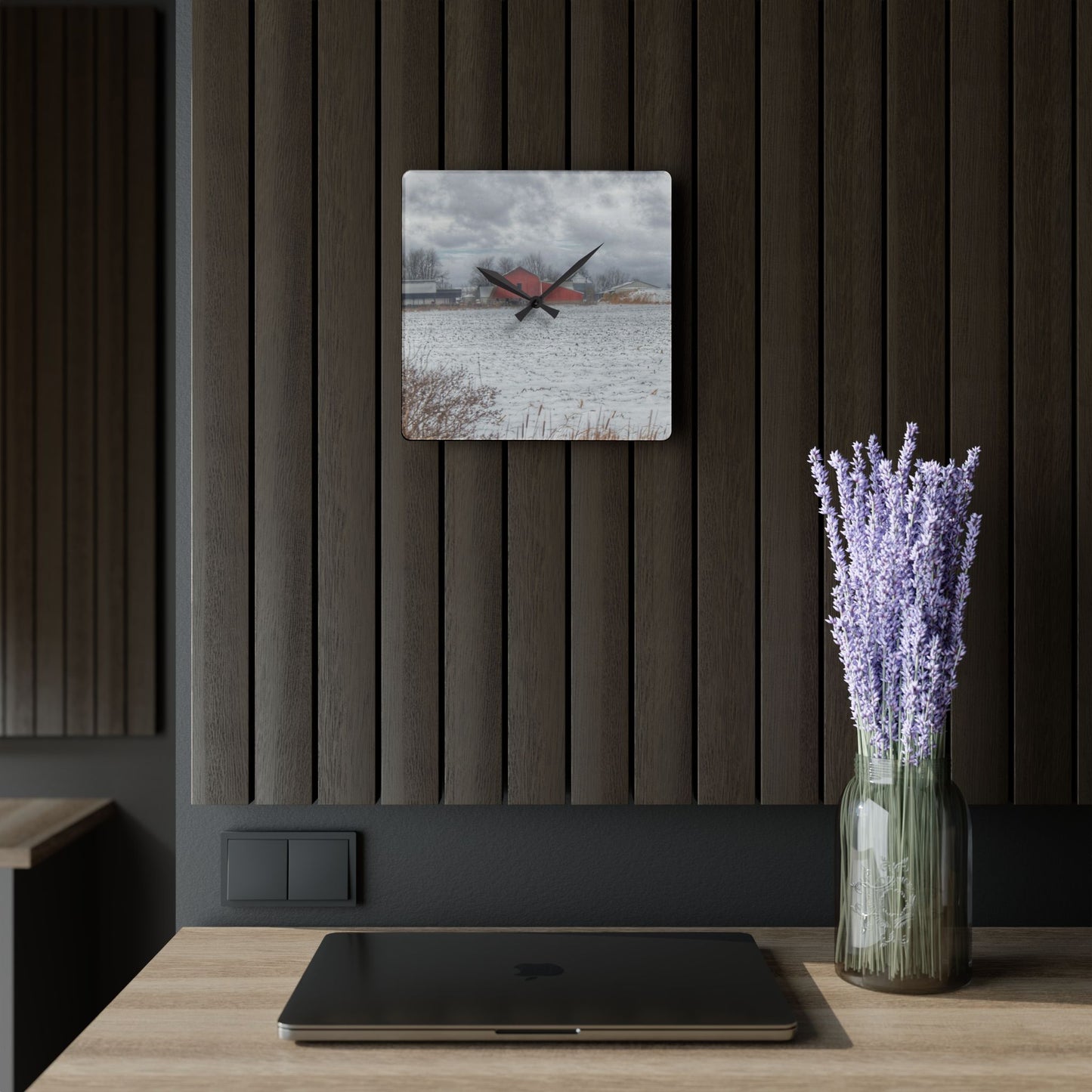 U R There Photography Maple Valley Road Red II Rustic Farmhouse Acrylic Analog Wall Clock