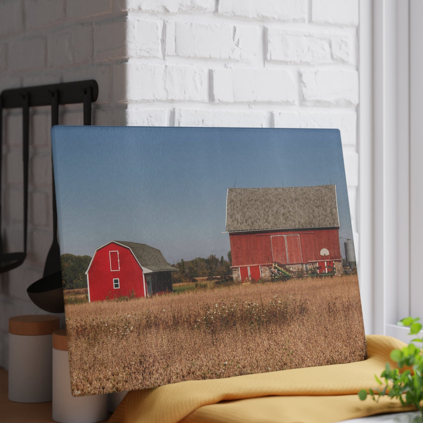 U R There Photography Brown City Wellman Line Road Reds Rustic Farmhouse Tempered-Glass Cutting Board