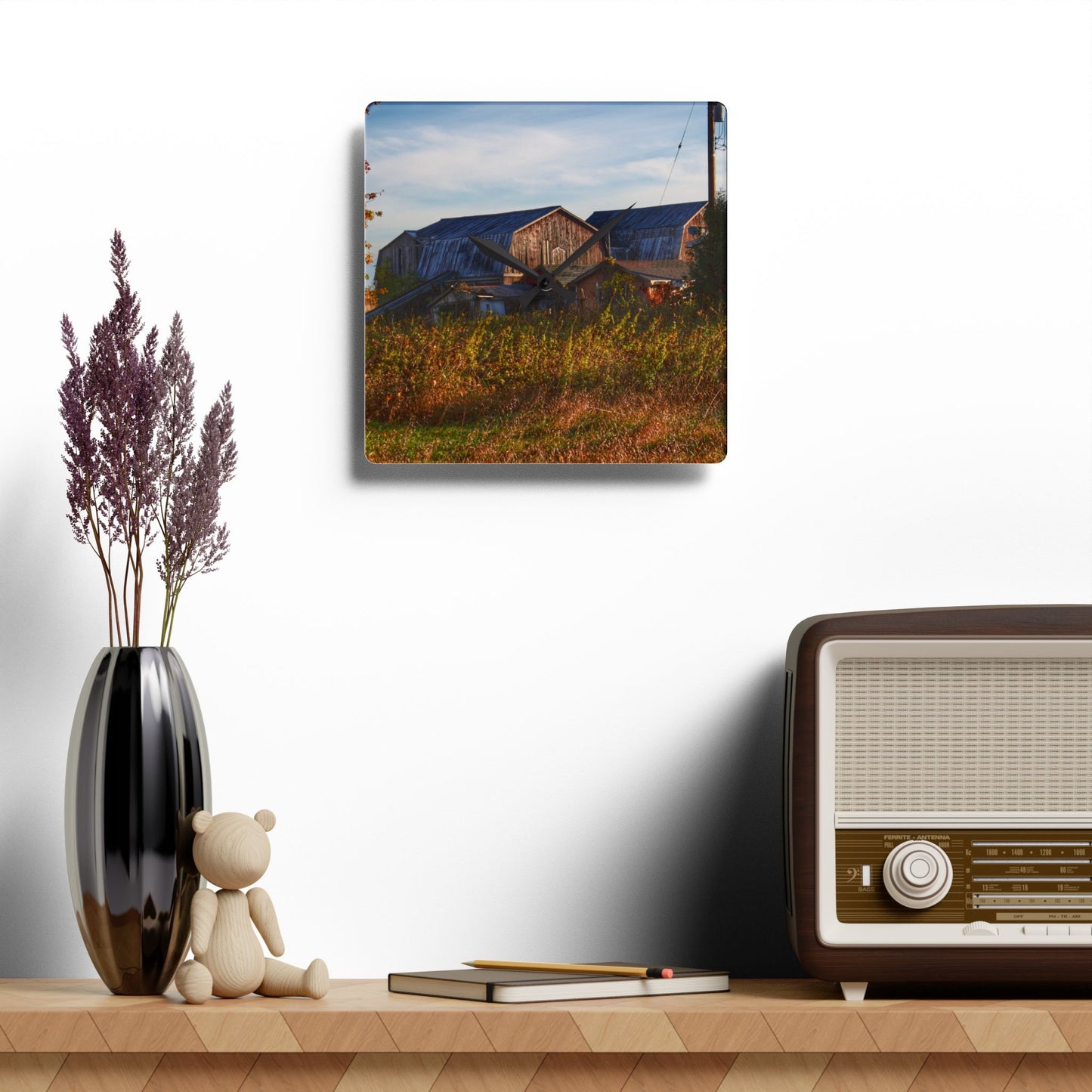 U R There Photography Montgomery Road Reds Rustic Farmhouse Acrylic Analog Wall Clock