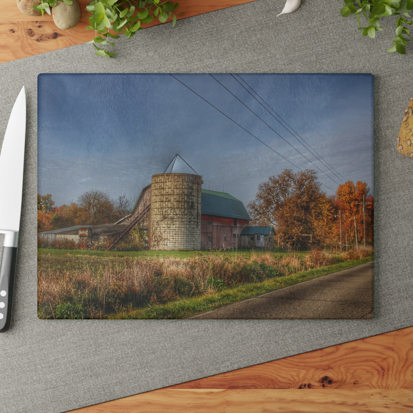 U R There Photography Plumb Creek Road Red in Fall I Rustic Farmhouse Tempered-Glass Cutting Board