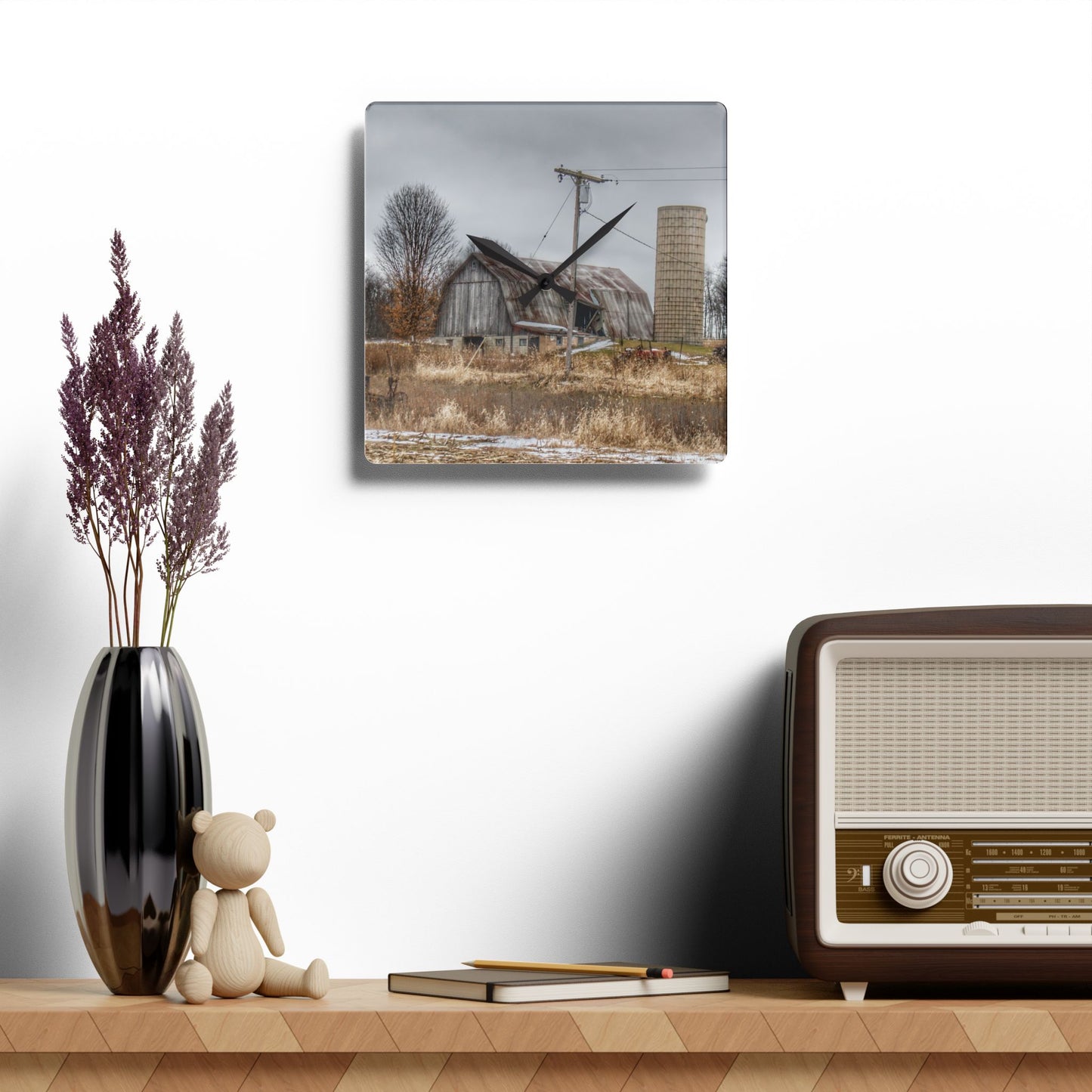 U R There Photography Norway Lake Road Grey Rustic Farmhouse Acrylic Analog Wall Clock