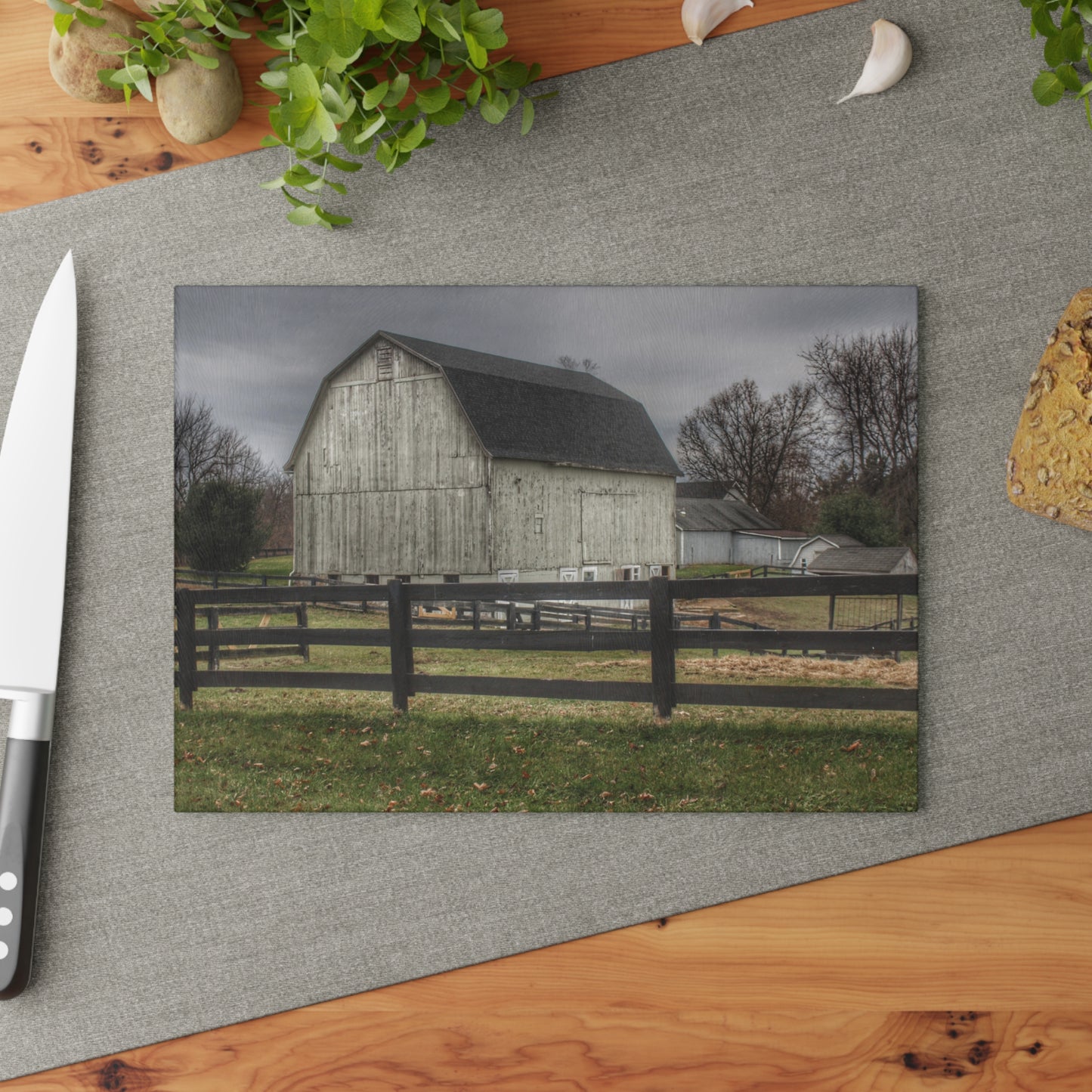 U R There Photography Roadside White Beyond the Fences Rustic Farmhouse Tempered-Glass Cutting Board