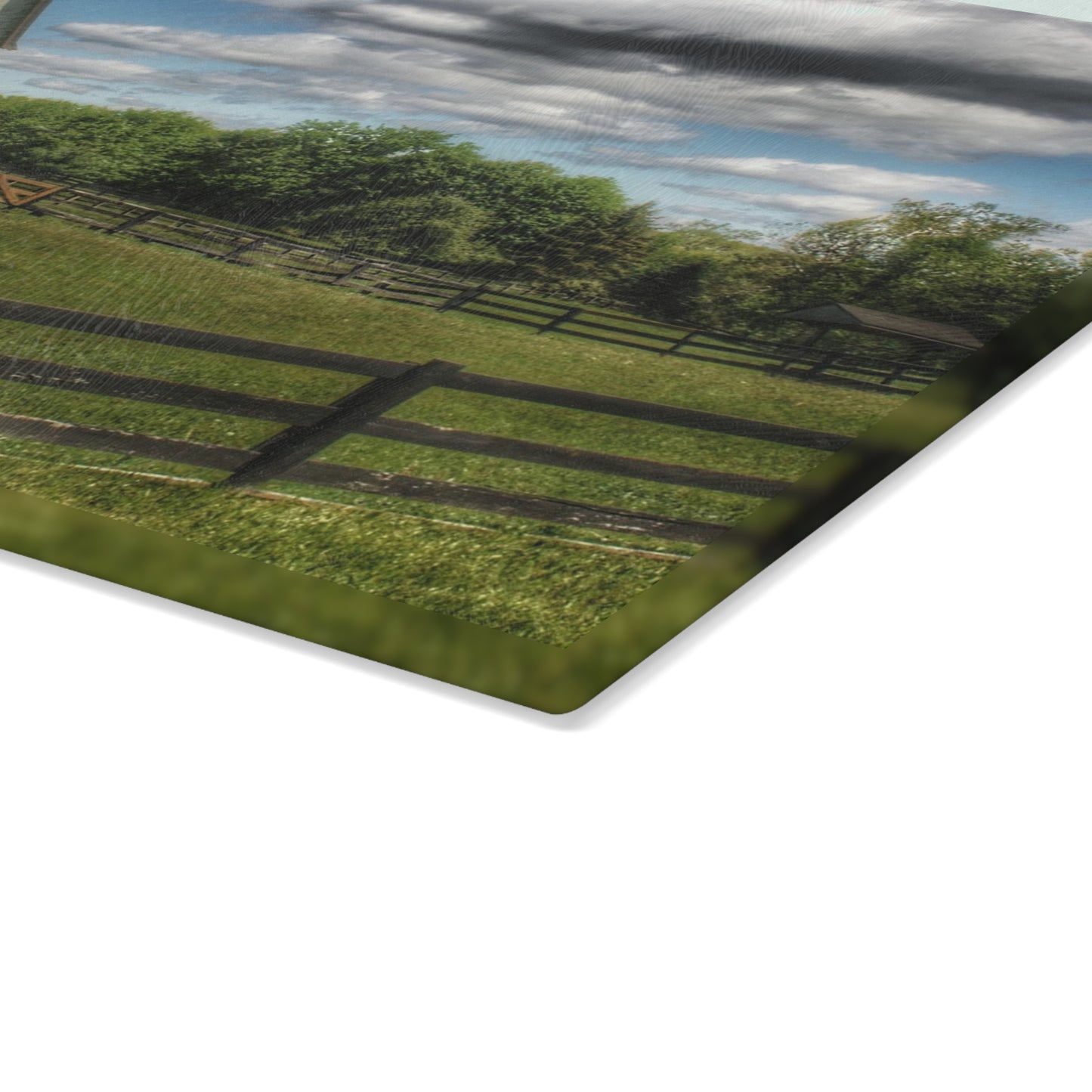 U R There Photography White Barn on a Sunny Day Rustic Farmhouse Tempered-Glass Cutting Board
