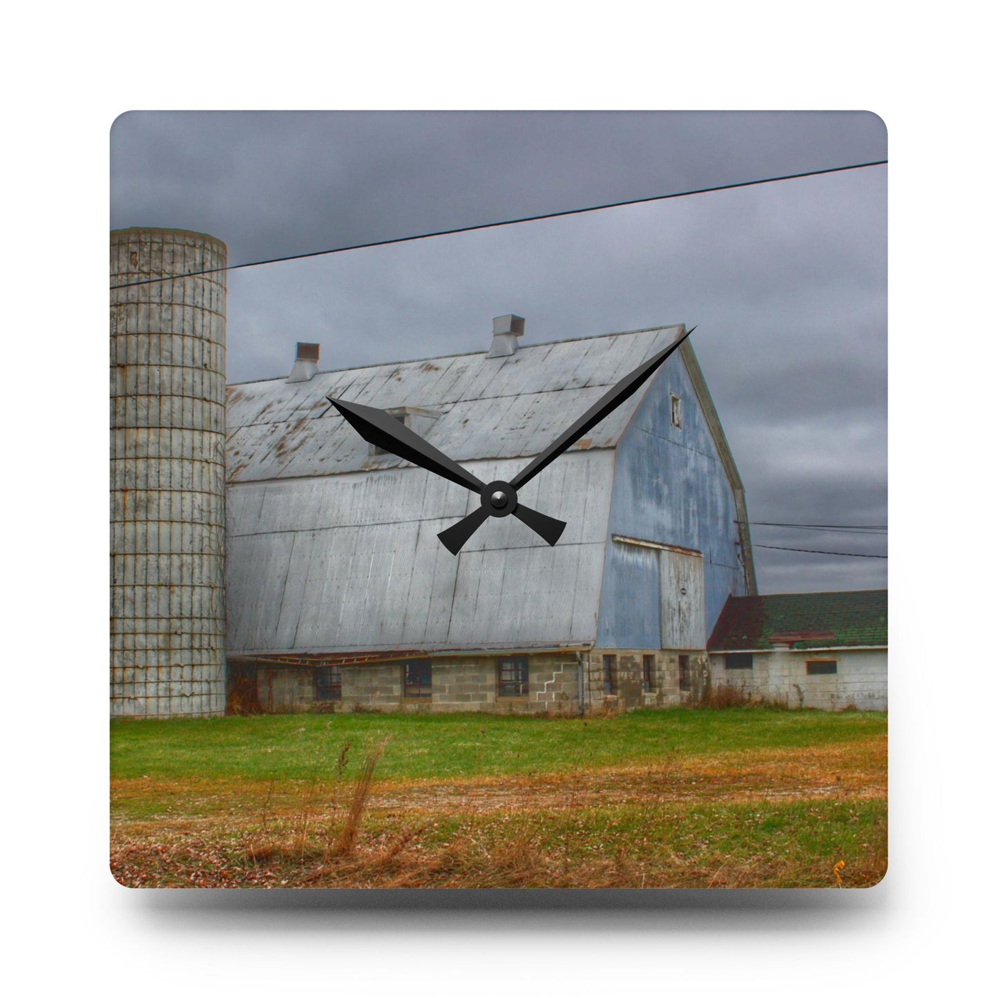 U R There Photography Daley Road Grey I Rustic Farmhouse Acrylic Analog Wall Clock