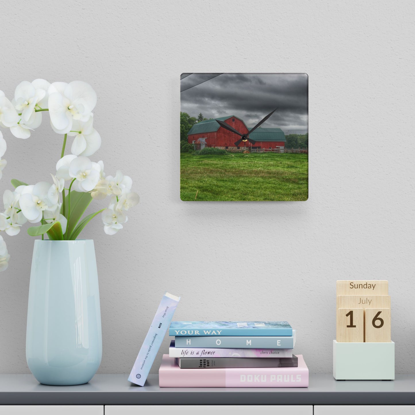 U R There Photography Clifford Road Red I Rustic Farmhouse Acrylic Analog Wall Clock