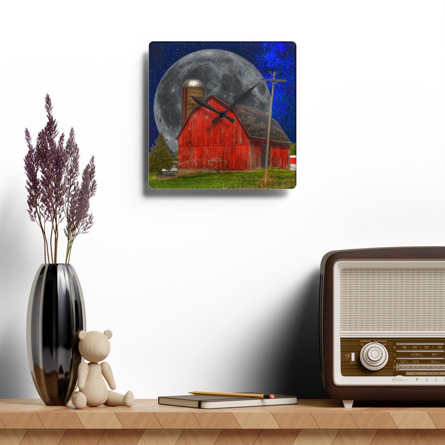 Rustic Farmhouse Wall Clock featuring Moon Over Hollenbeck