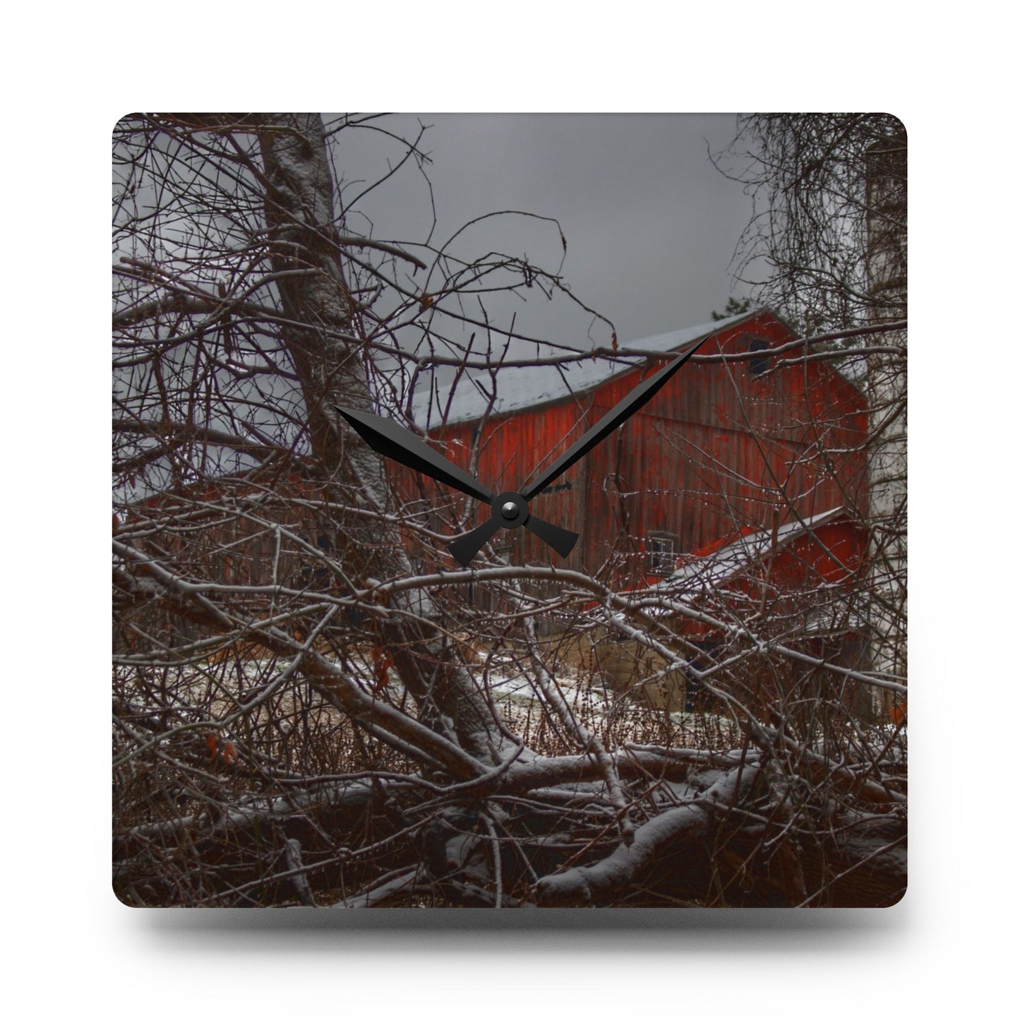 U R There Photography Sandhill Road Hidden Red II Rustic Farmhouse Acrylic Analog Wall Clock