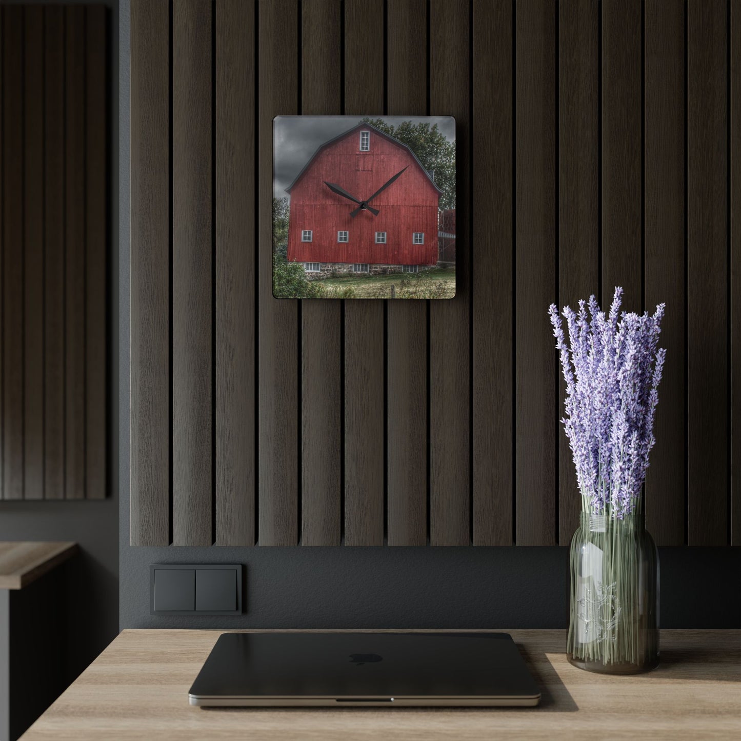 U R There Photography Vassar Road Red II Rustic Farmhouse Acrylic Analog Wall Clock