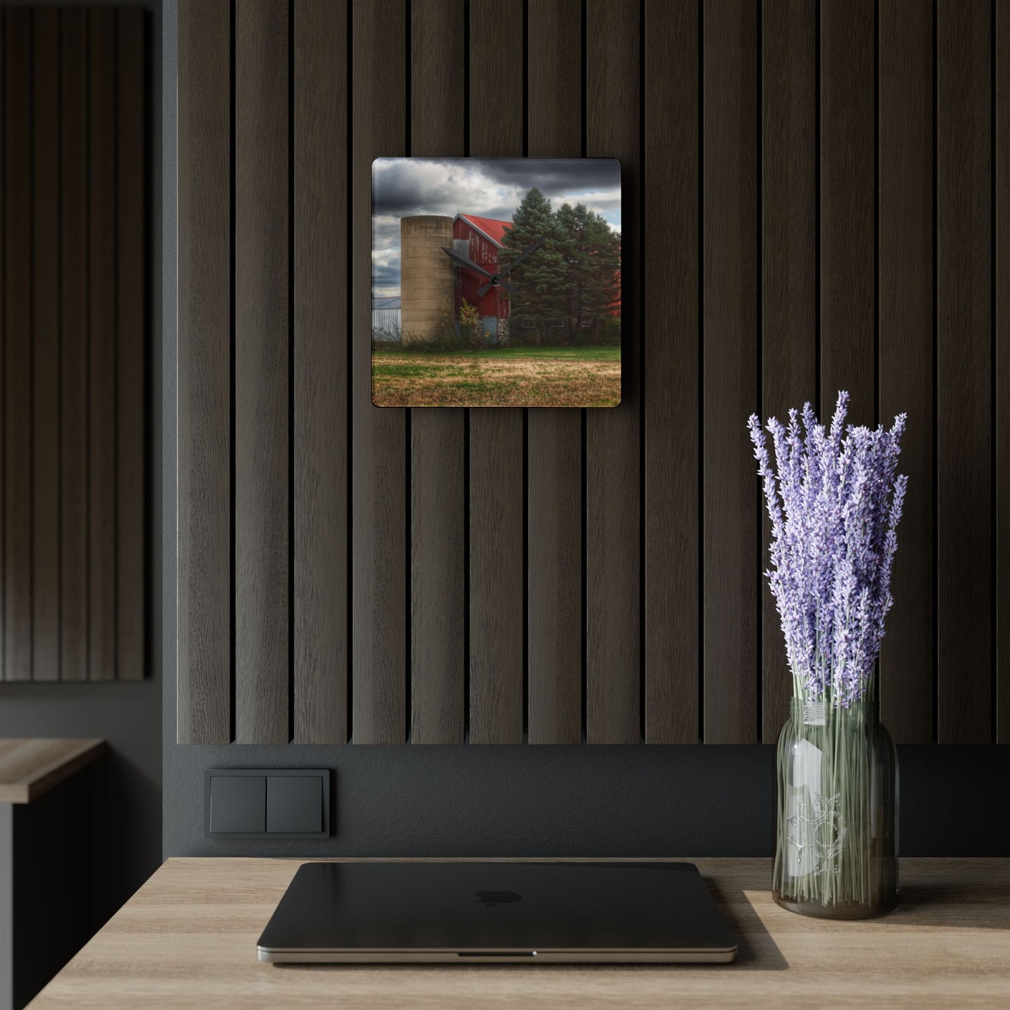 U R There Photography Laur Road Red Among the Pines II Rustic Farmhouse Acrylic Analog Wall Clock