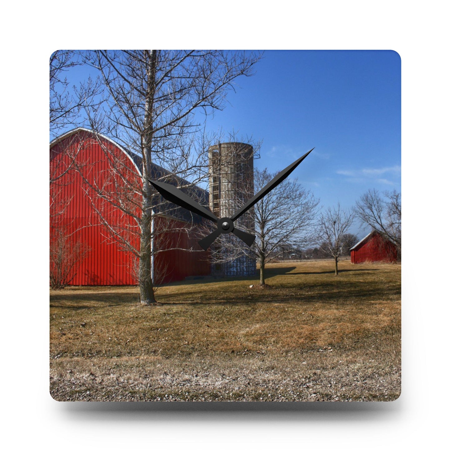U R There Photography Romeo Plank Road Reds I Rustic Farmhouse Acrylic Analog Wall Clock