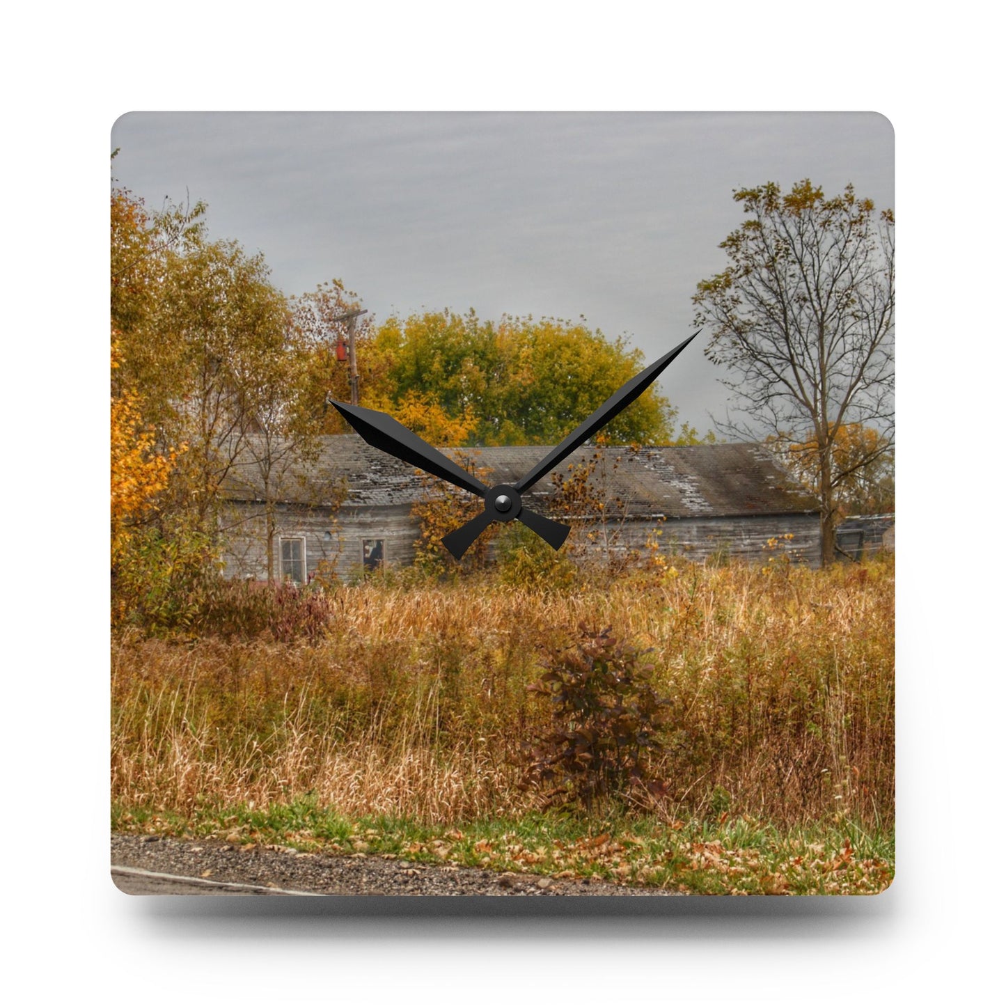 U R There Photography Hill Road Roadside Greys Rustic Farmhouse Acrylic Analog Wall Clock