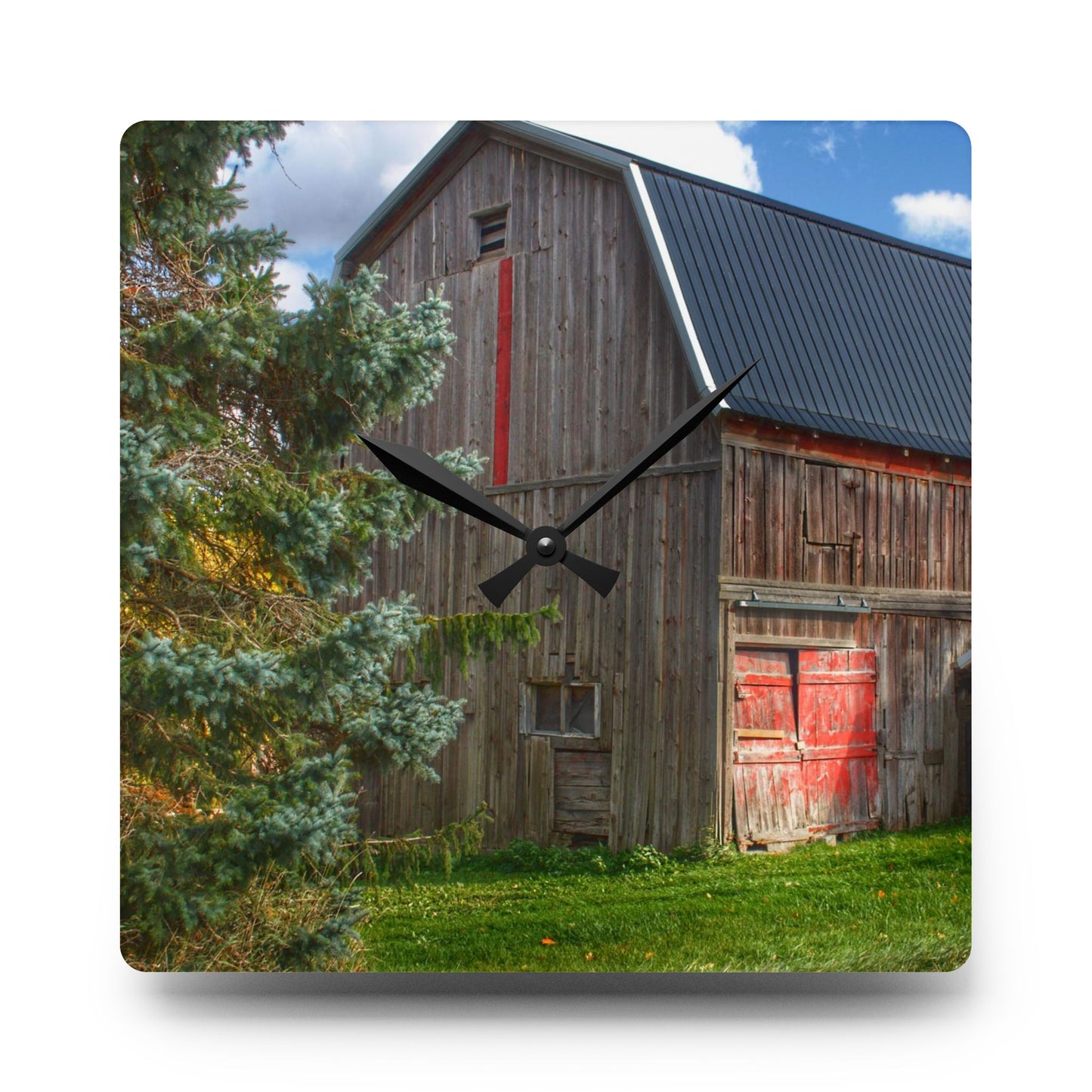 U R There Photography East Leonard Road Red Rustic Farmhouse Acrylic Analog Wall Clock